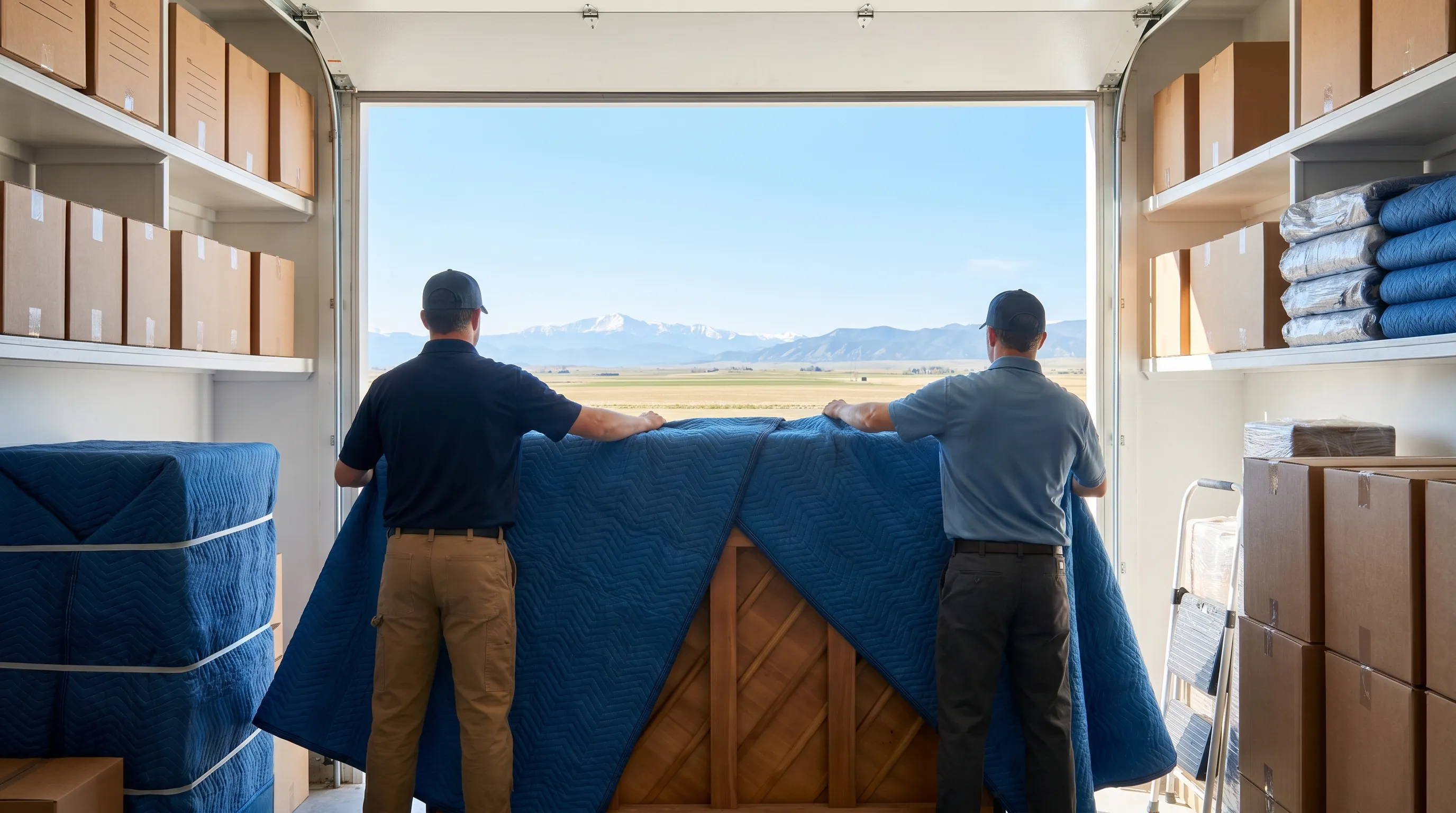 Two professional movers in matching uniforms carrying a couch up the front walkway of a split-level home in a newer Greeley south-side development with a bright Colorado midday sky overhead