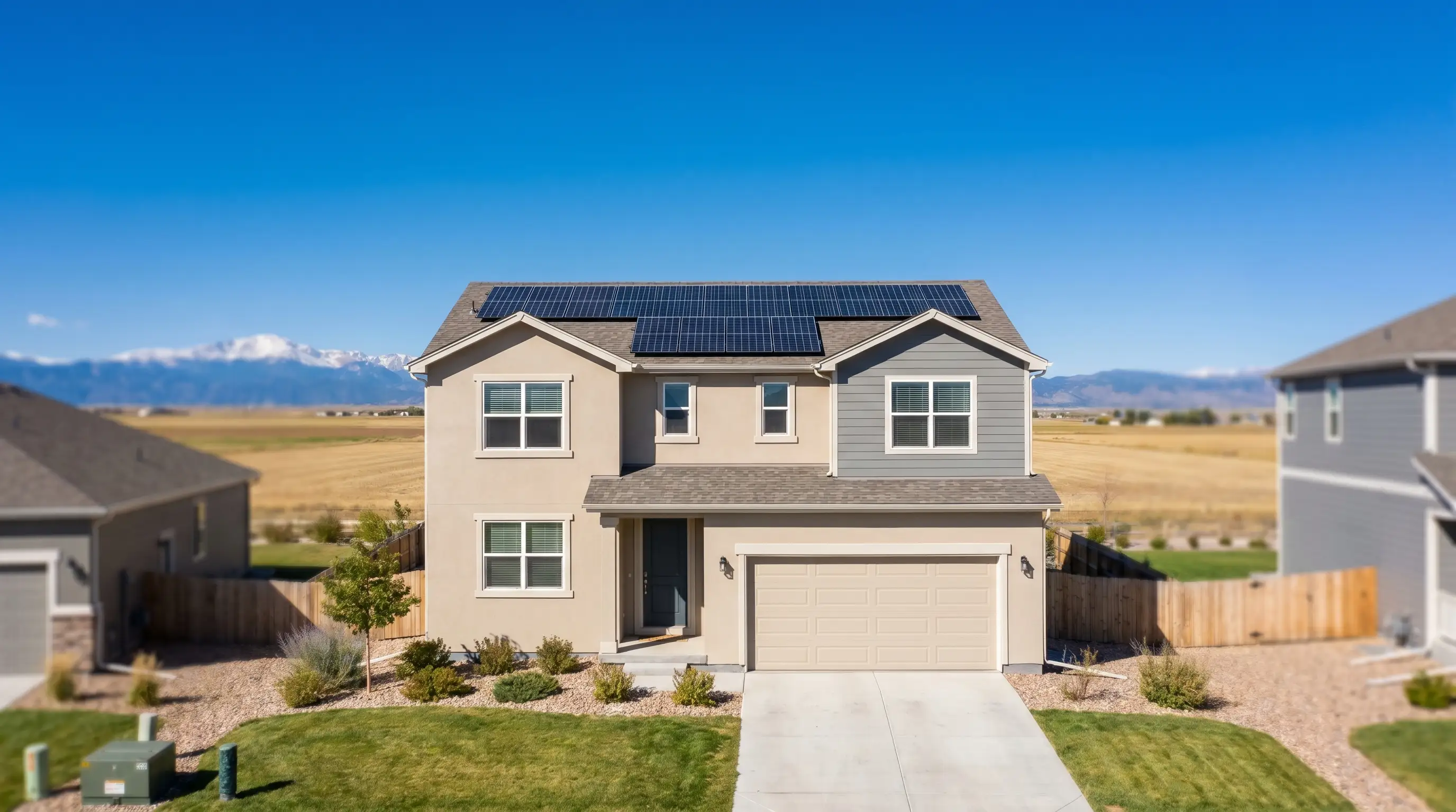 Solar installer in a hard hat and safety harness adjusting panel mounts on a residential rooftop in Greeley with the flat high-plains horizon stretching east and a crisp blue Colorado sky overhead