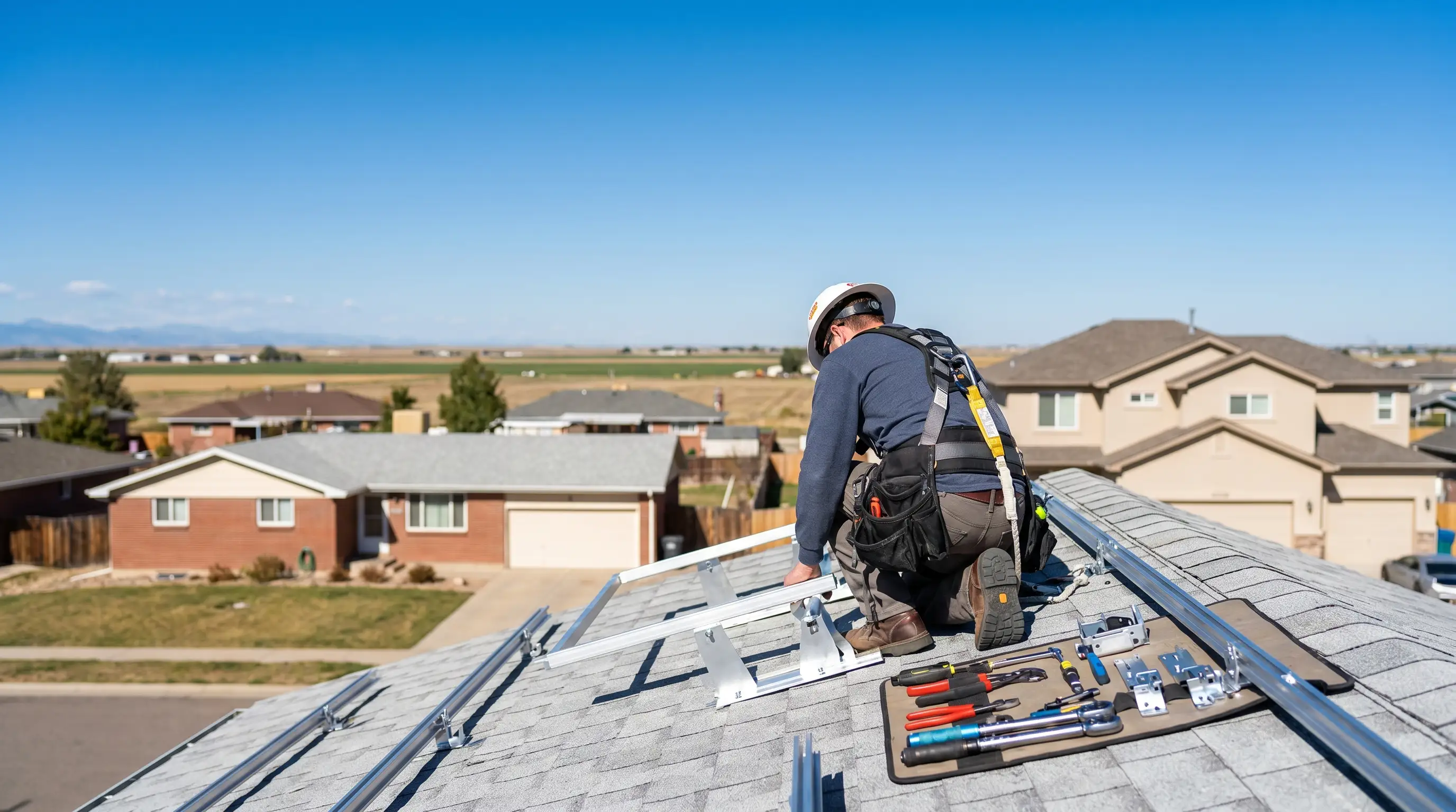 Solar installer in a hard hat and safety harness adjusting panel mounts on a residential rooftop in Greeley with the flat high-plains horizon stretching east and a crisp blue Colorado sky overhead