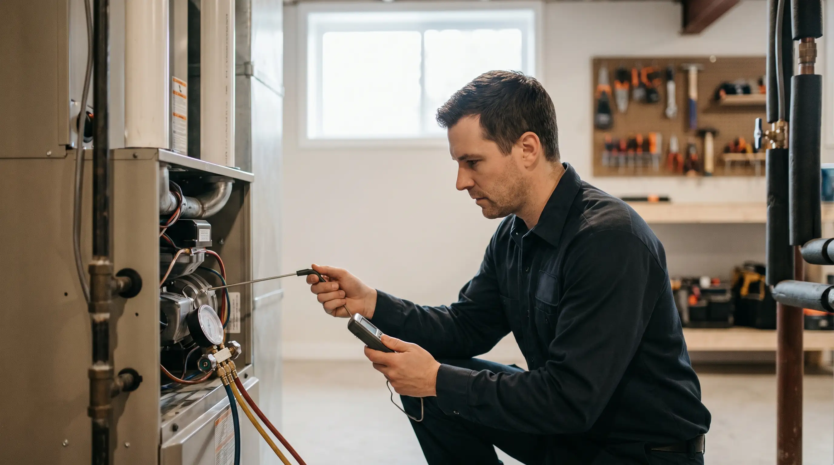 Professional HVAC technician servicing a furnace in a Green Bay, WI home during winter