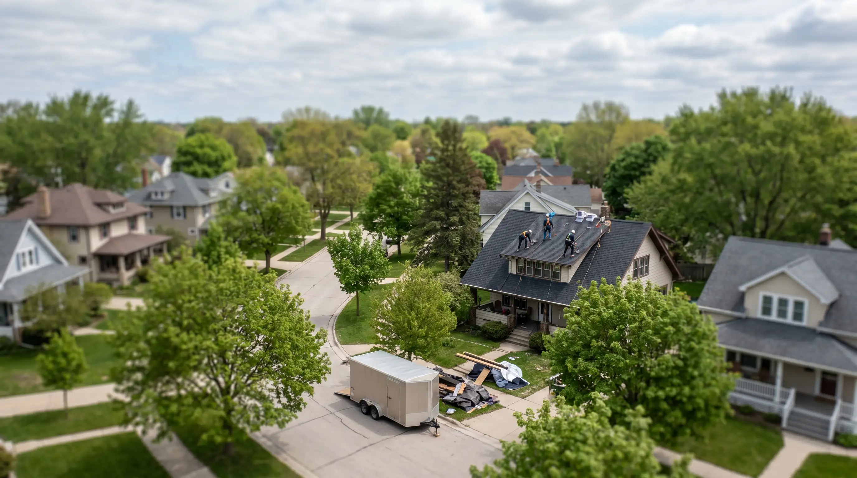 Professional roofing crew replacing shingles on a Green Bay, WI residential home in spring