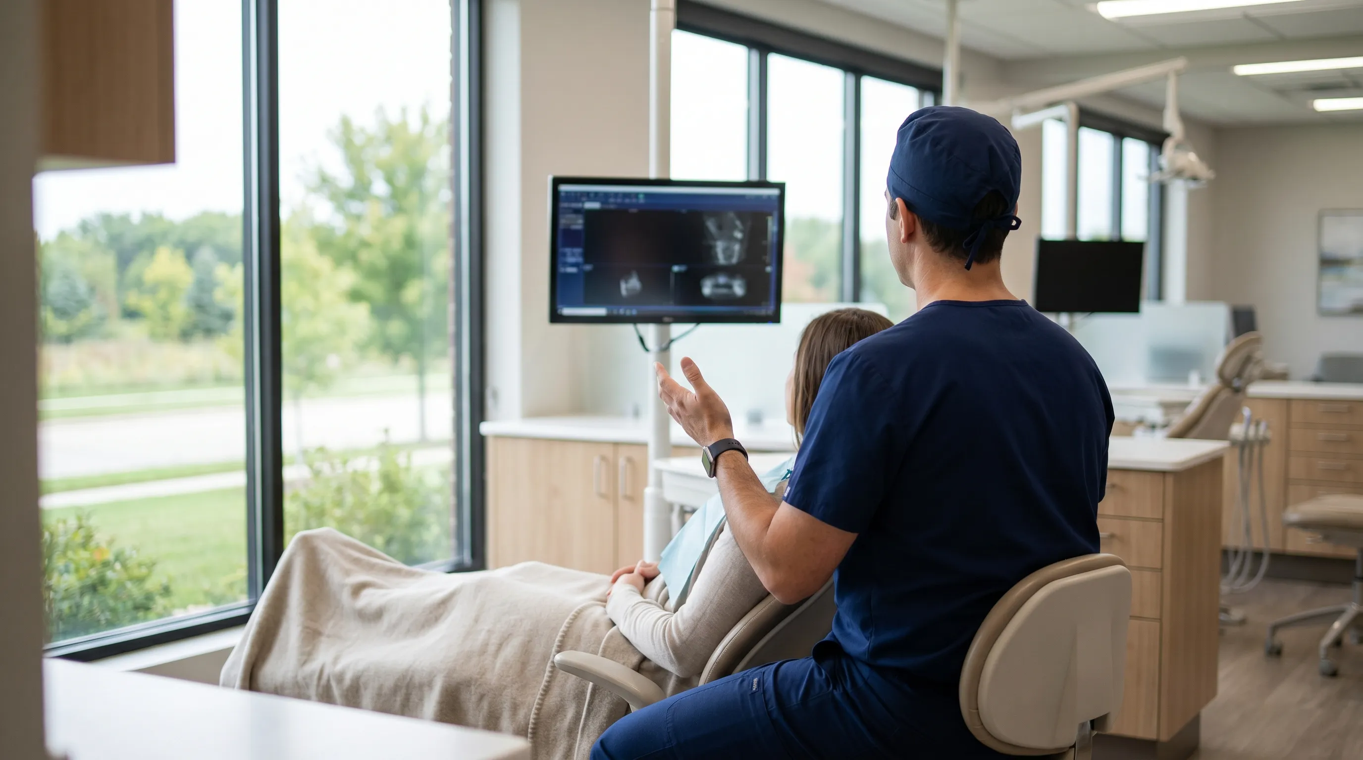 Modern dental operatory with dentist and patient in a Green Bay, WI practice