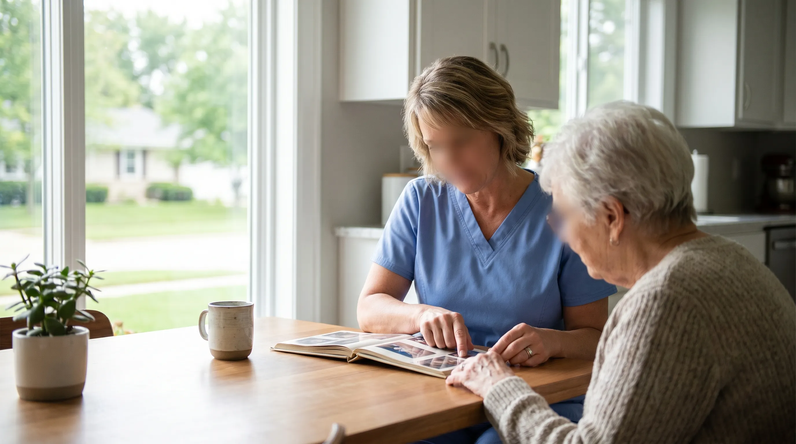 Caregiver and elderly resident sharing a moment at a kitchen table in a Green Bay, WI home care setting