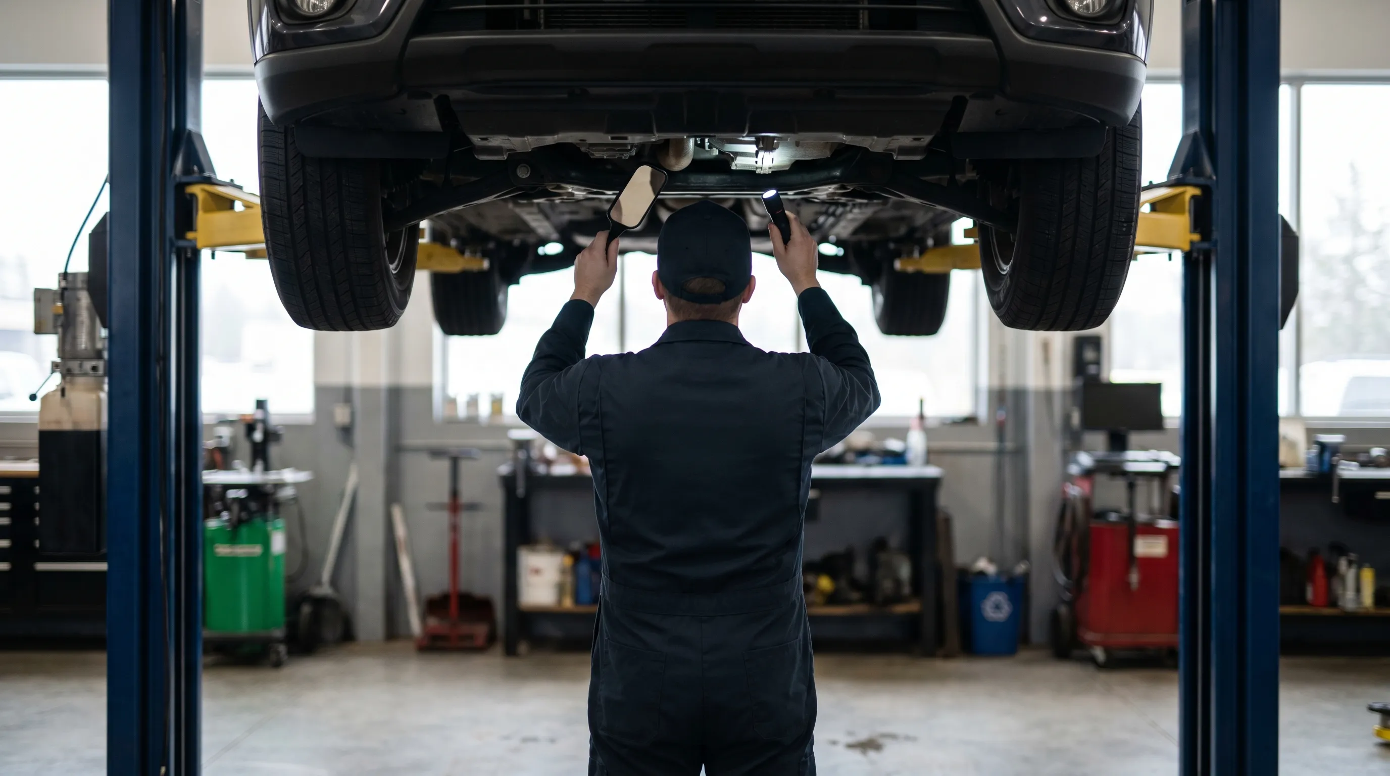 Automotive technician inspecting vehicle undercarriage on a lift in a Green Bay, WI repair shop