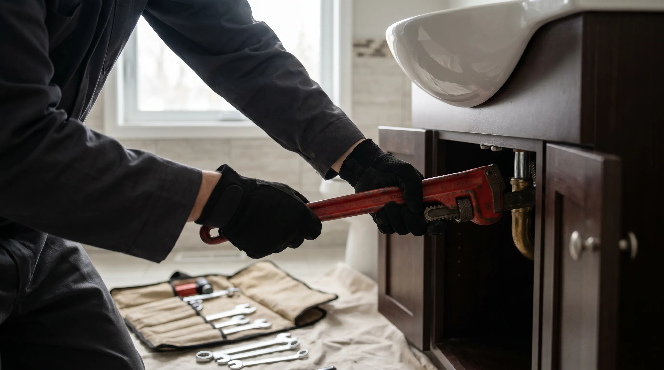 Plumber in branded uniform repairing pipes under a sink in a Green Bay, WI home during winter