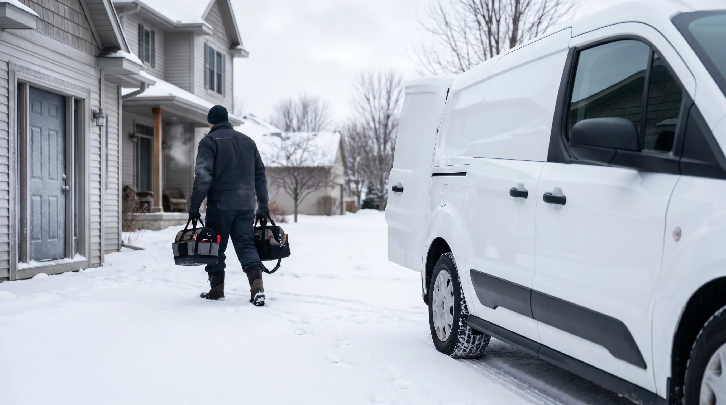 Plumber in branded uniform repairing pipes under a sink in a Green Bay, WI home during winter