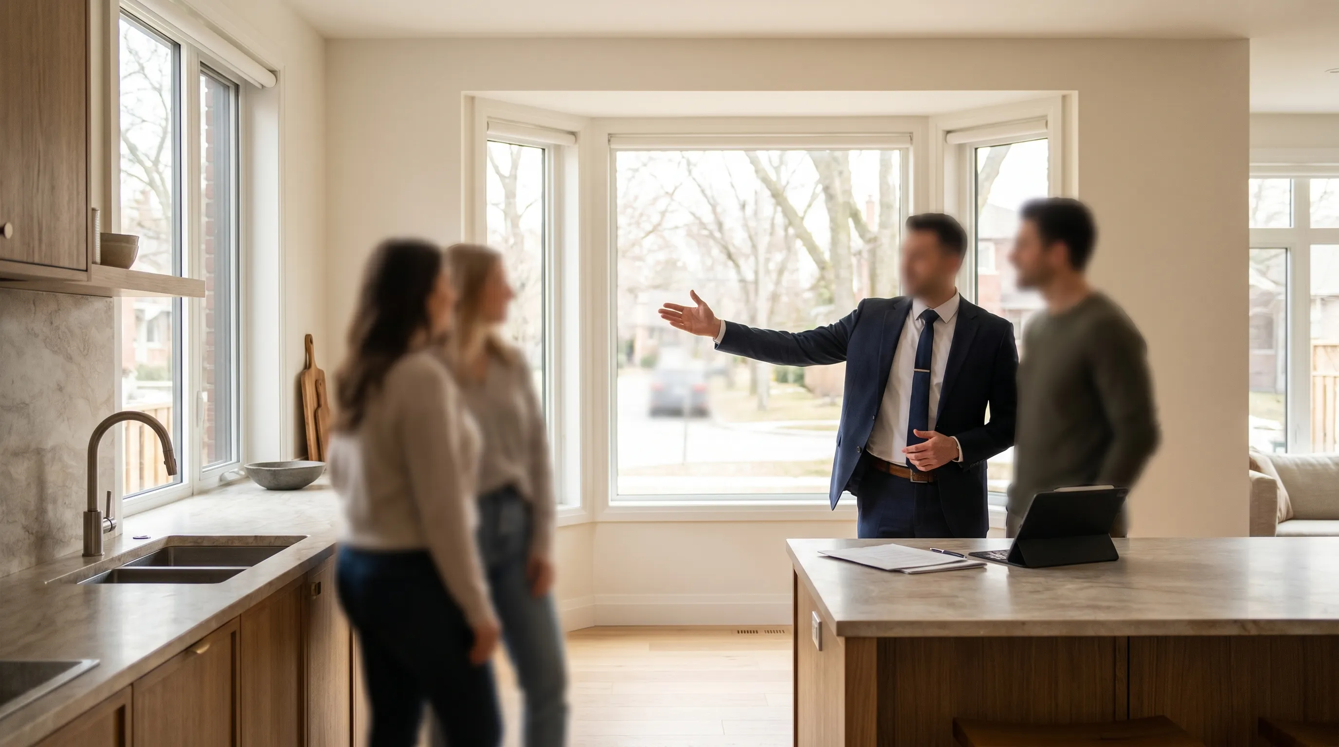 Real estate agent showing a home to a couple in a Green Bay, WI suburban neighborhood