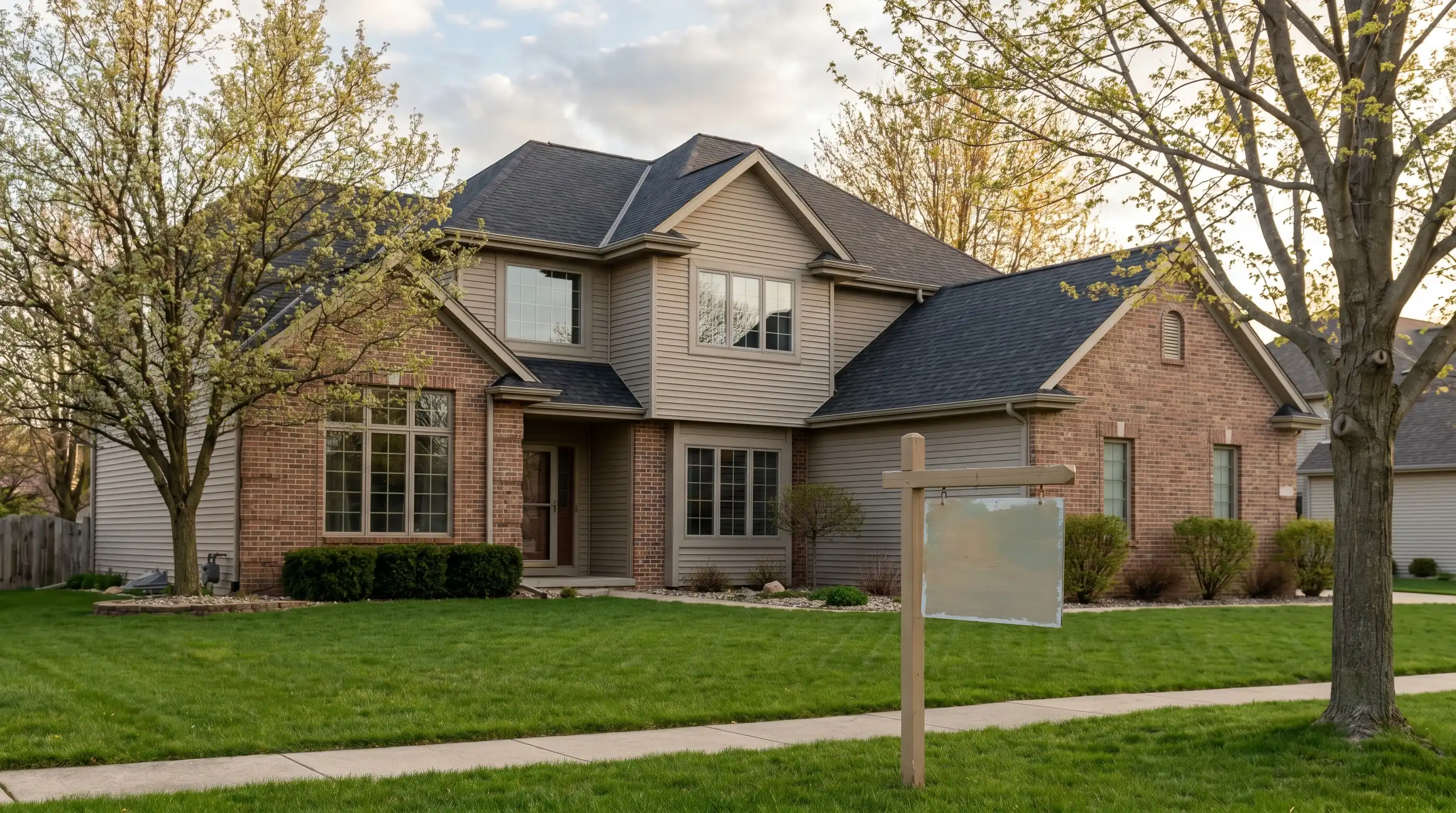 Real estate agent showing a home to a couple in a Green Bay, WI suburban neighborhood