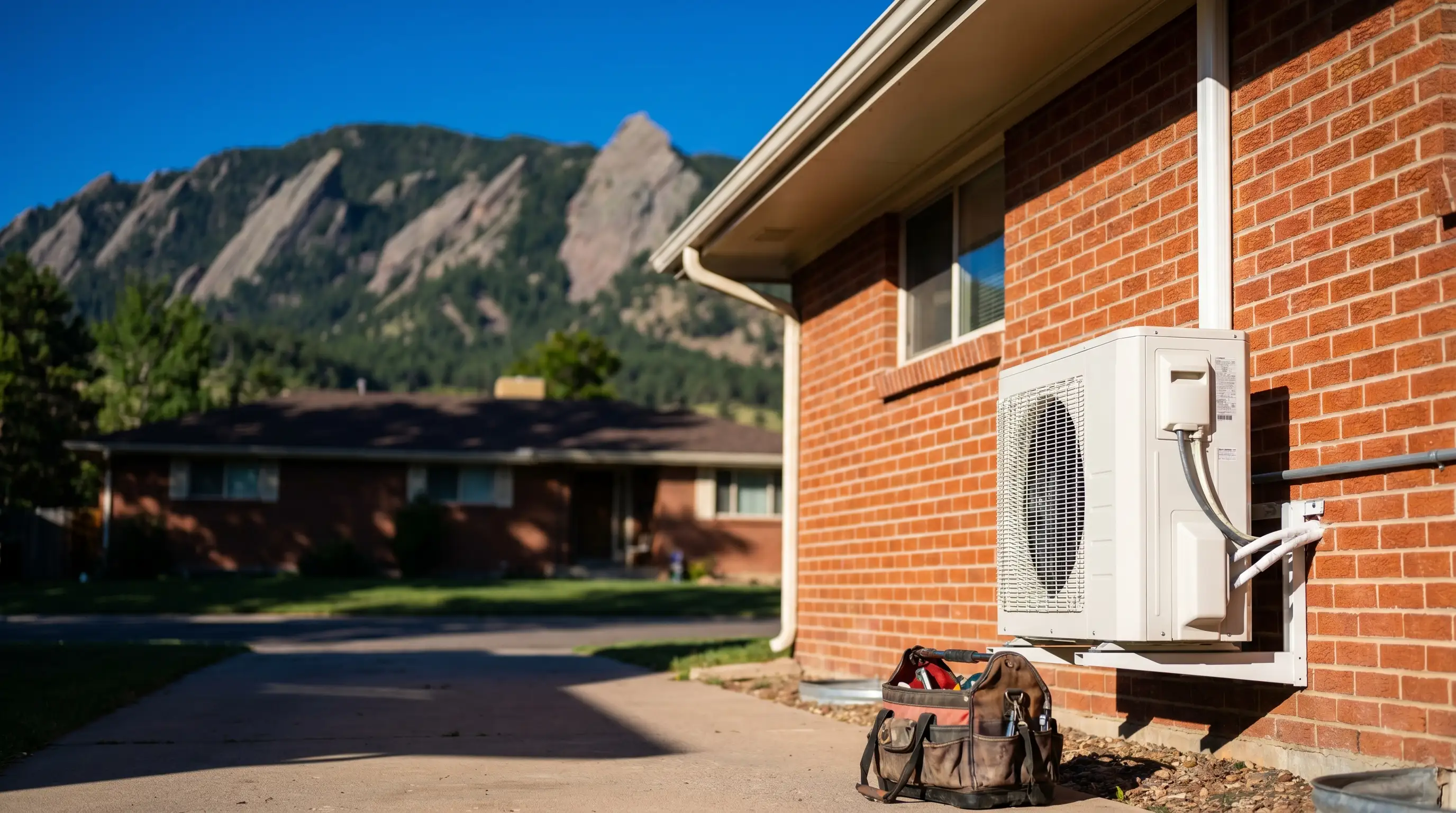 Professional HVAC condenser installation beside a Boulder, CO brick home with Flatirons in background
