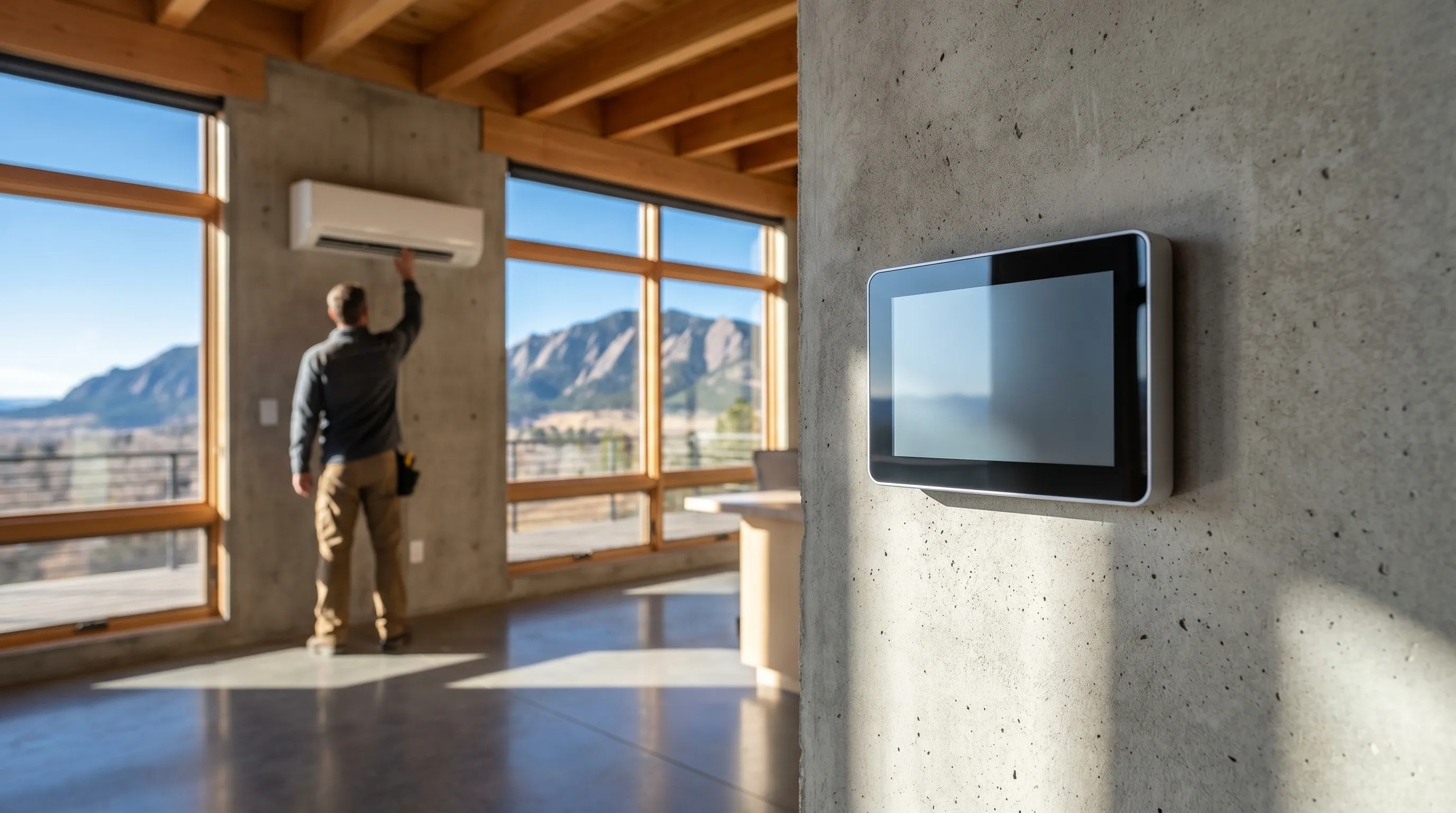 Professional HVAC condenser installation beside a Boulder, CO brick home with Flatirons in background