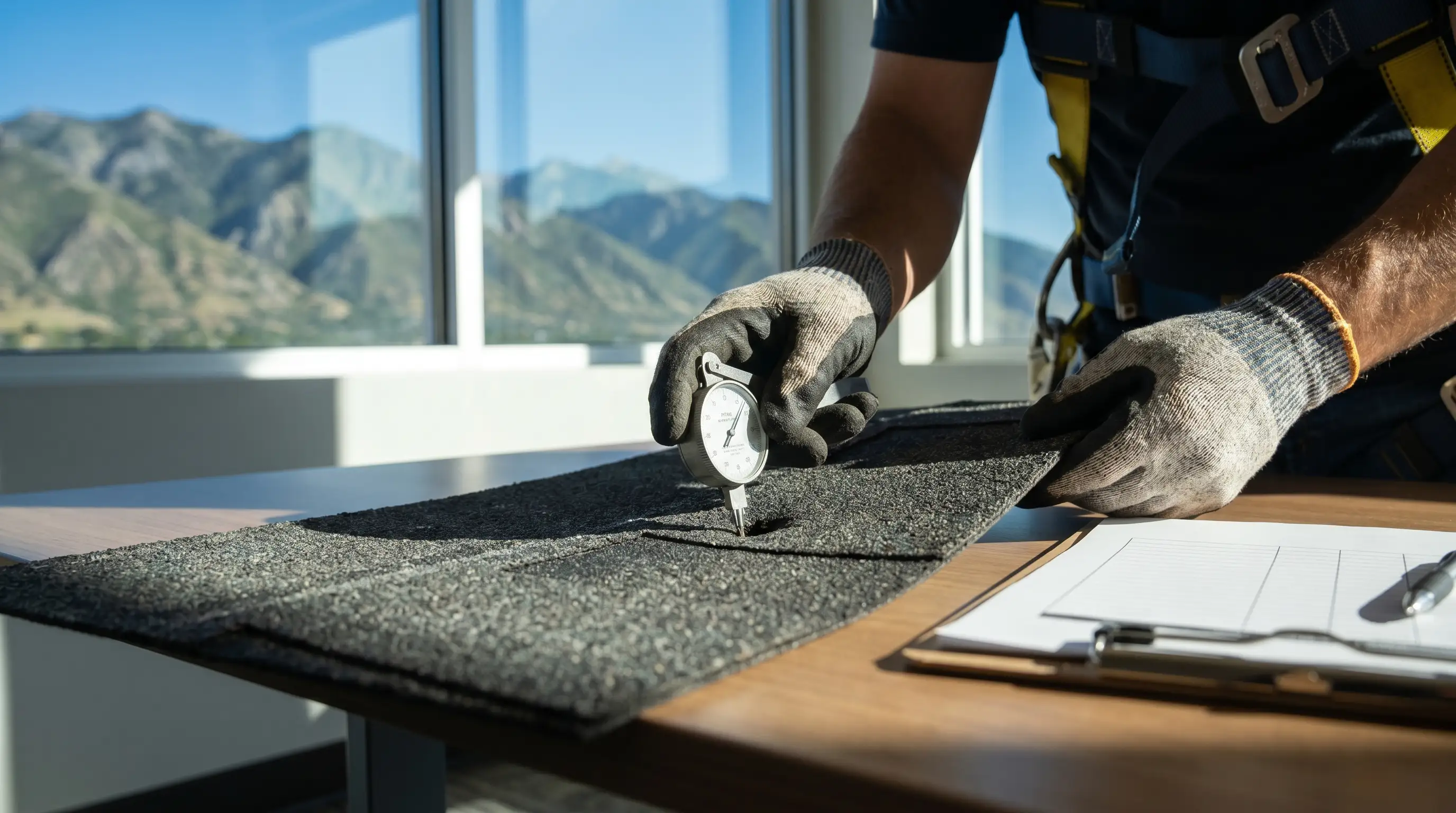 Professional roofing contractor inspecting hail damage on a Boulder, CO home with Flatirons in background