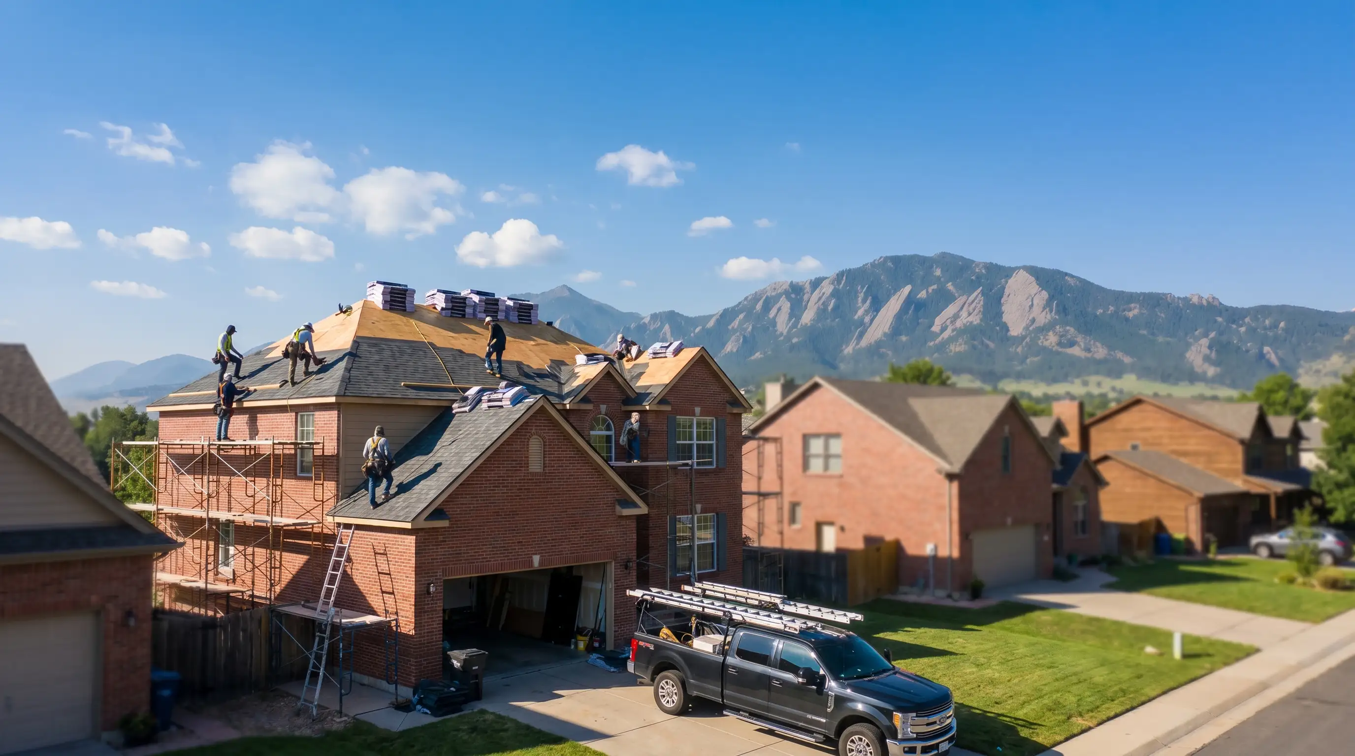 Professional roofing contractor inspecting hail damage on a Boulder, CO home with Flatirons in background