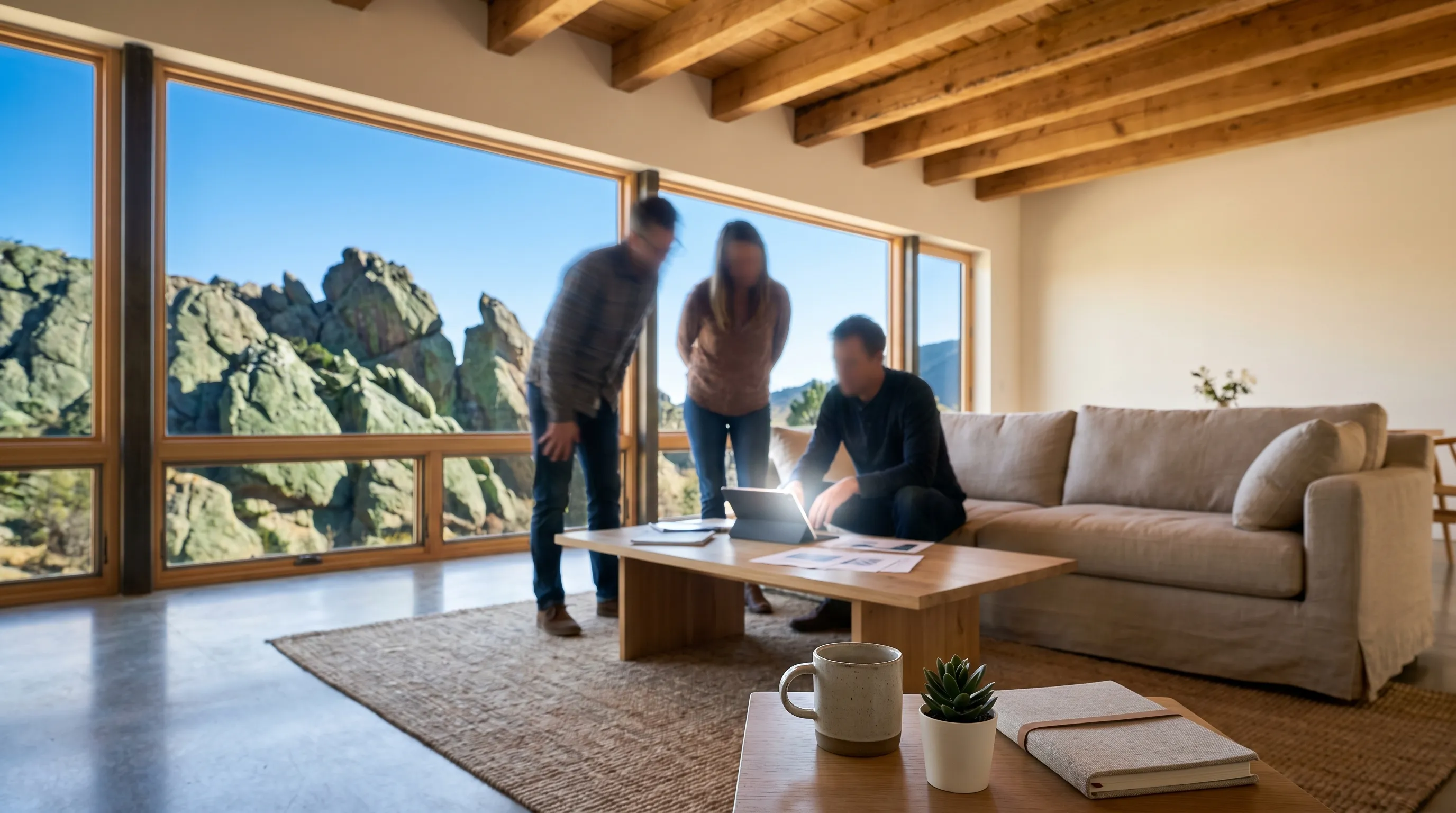 Staged Boulder craftsman home for sale with Flatirons mountain backdrop and mature cottonwood trees