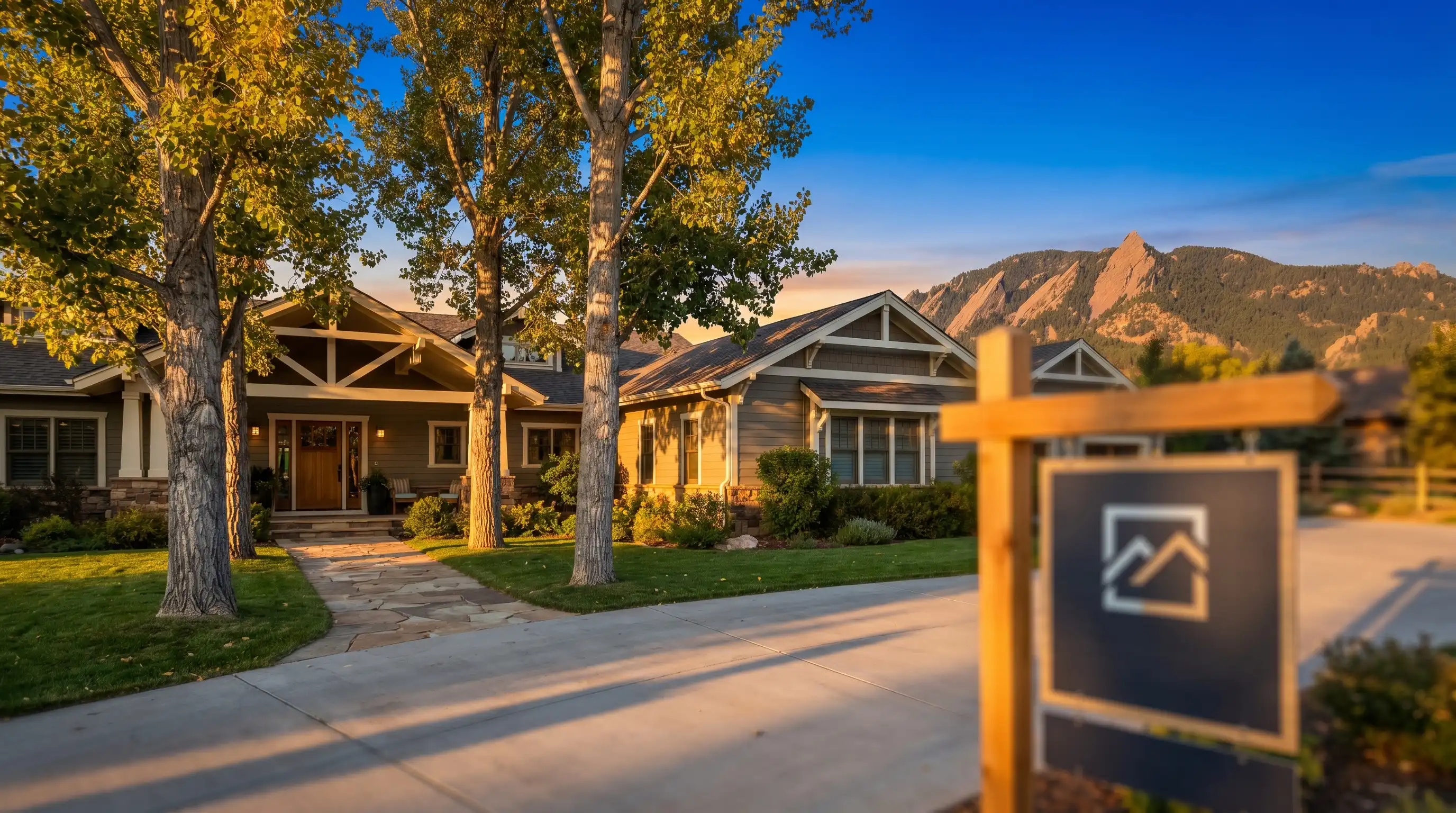 Staged Boulder craftsman home for sale with Flatirons mountain backdrop and mature cottonwood trees