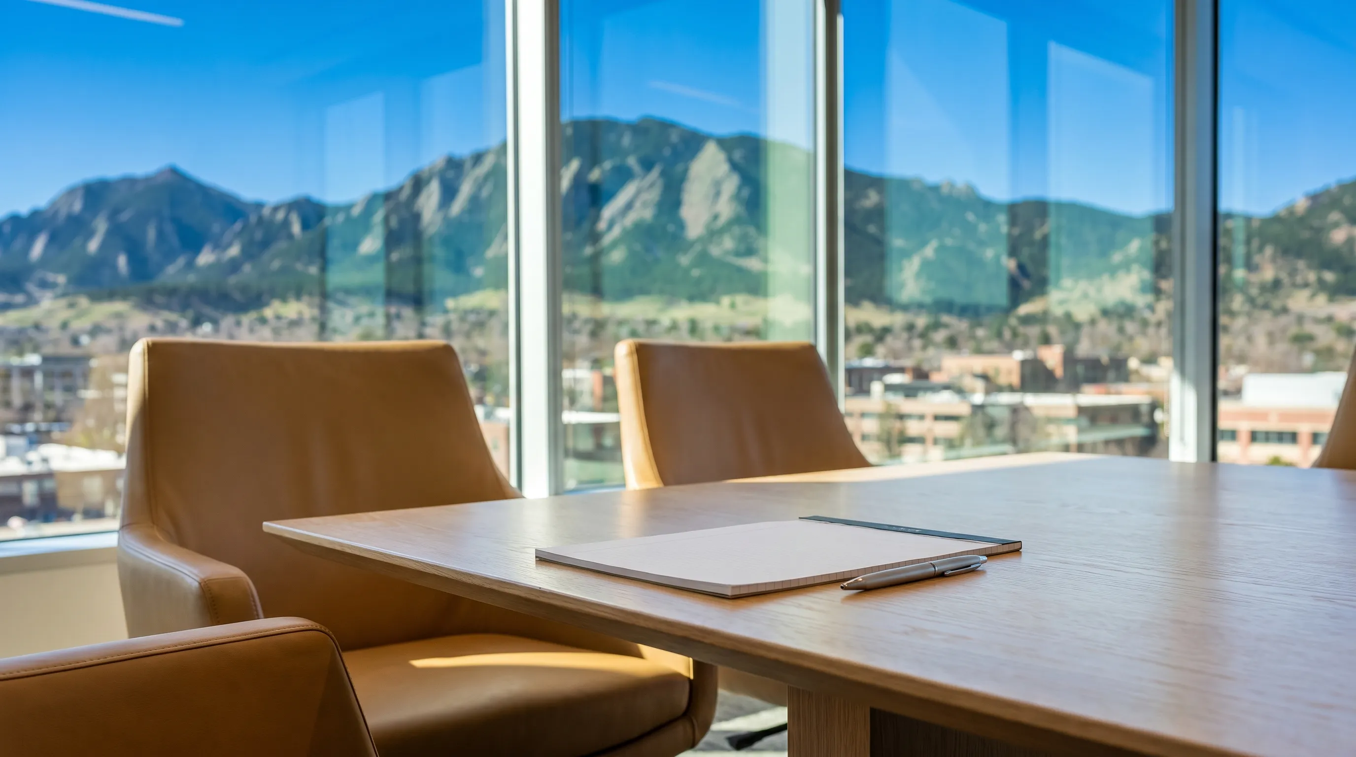 Professional Boulder law office conference room with Flatirons view through large windows