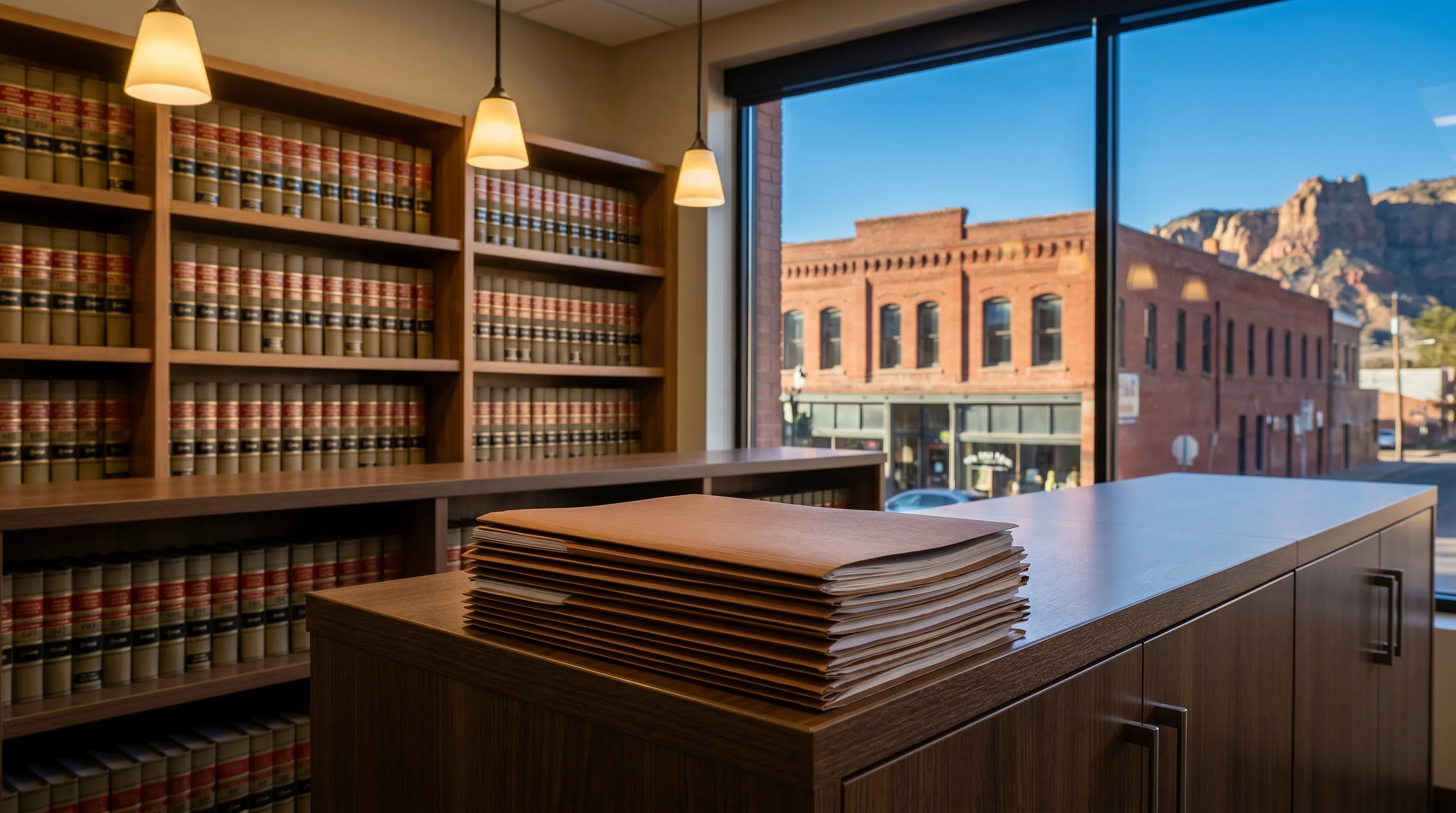 Professional Boulder law office conference room with Flatirons view through large windows