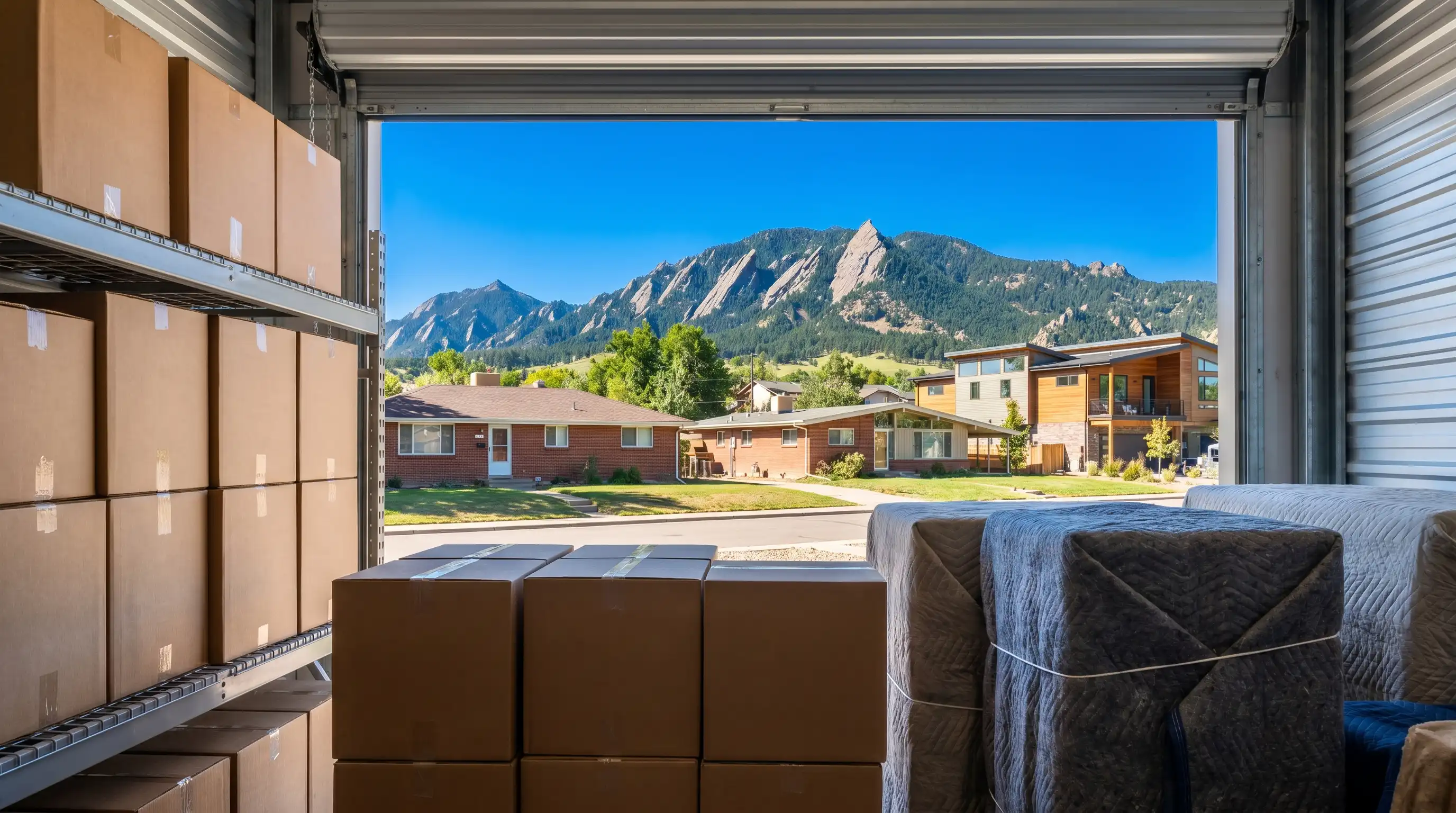 Professional moving truck at Boulder CO brick ranch home with Flatirons mountains visible in clear sky