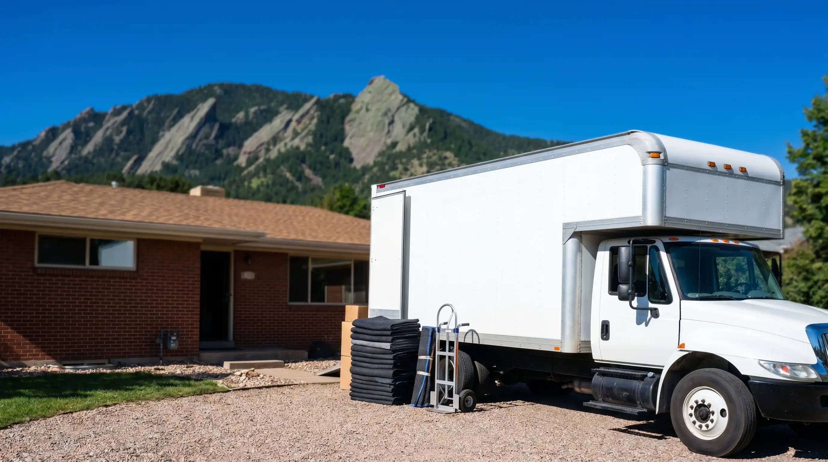 Professional moving truck at Boulder CO brick ranch home with Flatirons mountains visible in clear sky