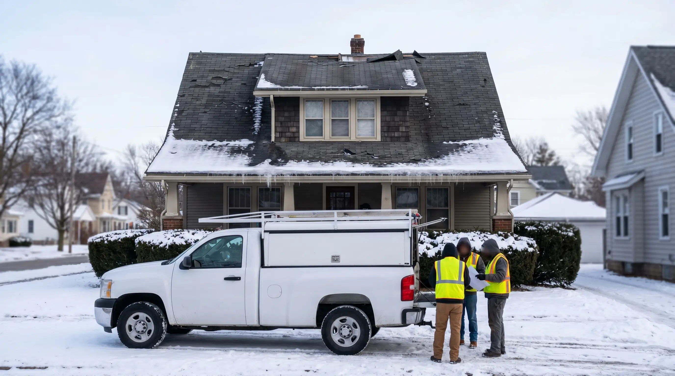 Professional roofers installing new asphalt shingles on a South Bend, IN craftsman home