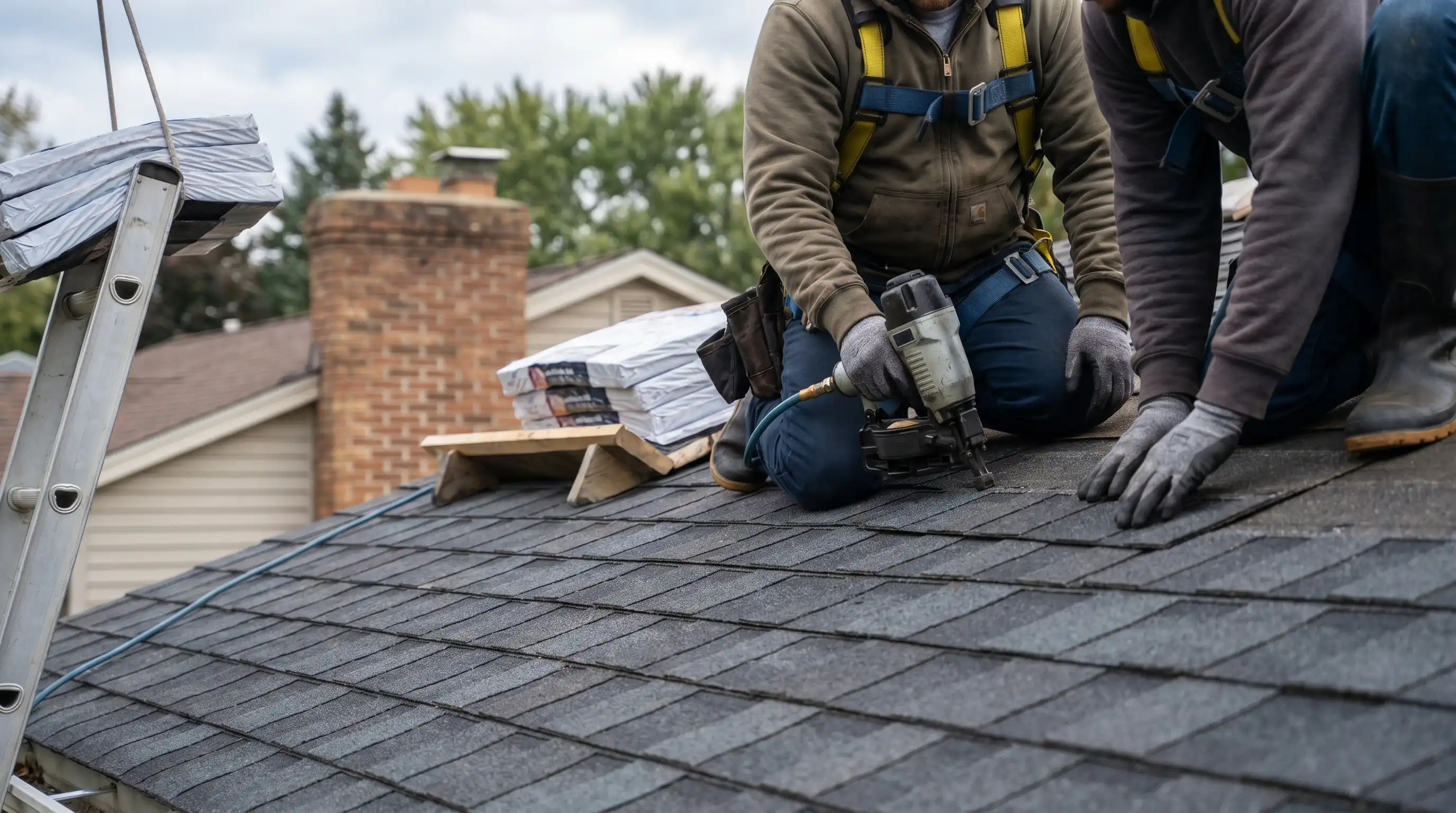 Professional roofers installing new asphalt shingles on a South Bend, IN craftsman home