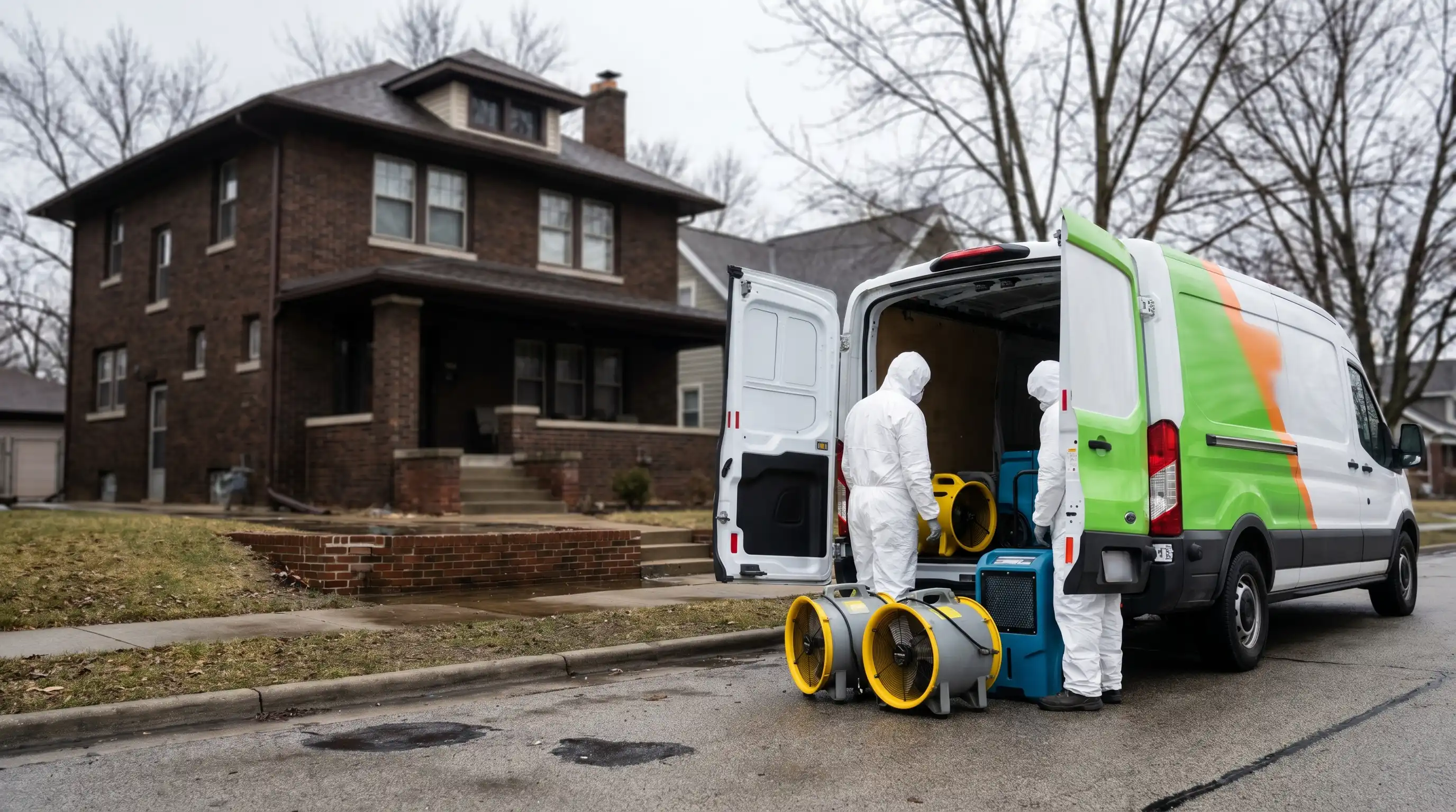 Water damage restoration technicians working in a flooded South Bend, IN basement