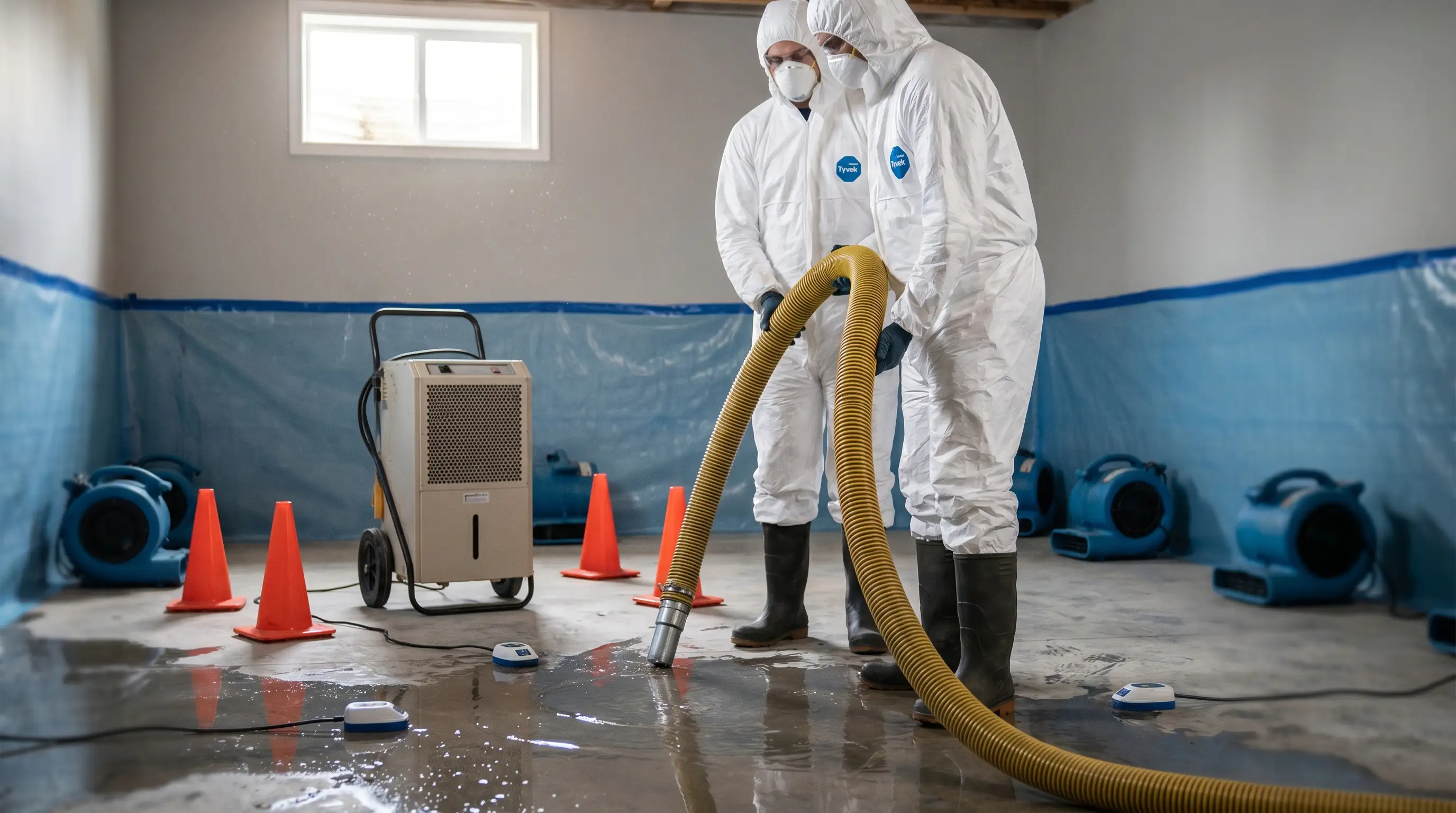 Water damage restoration technicians working in a flooded South Bend, IN basement