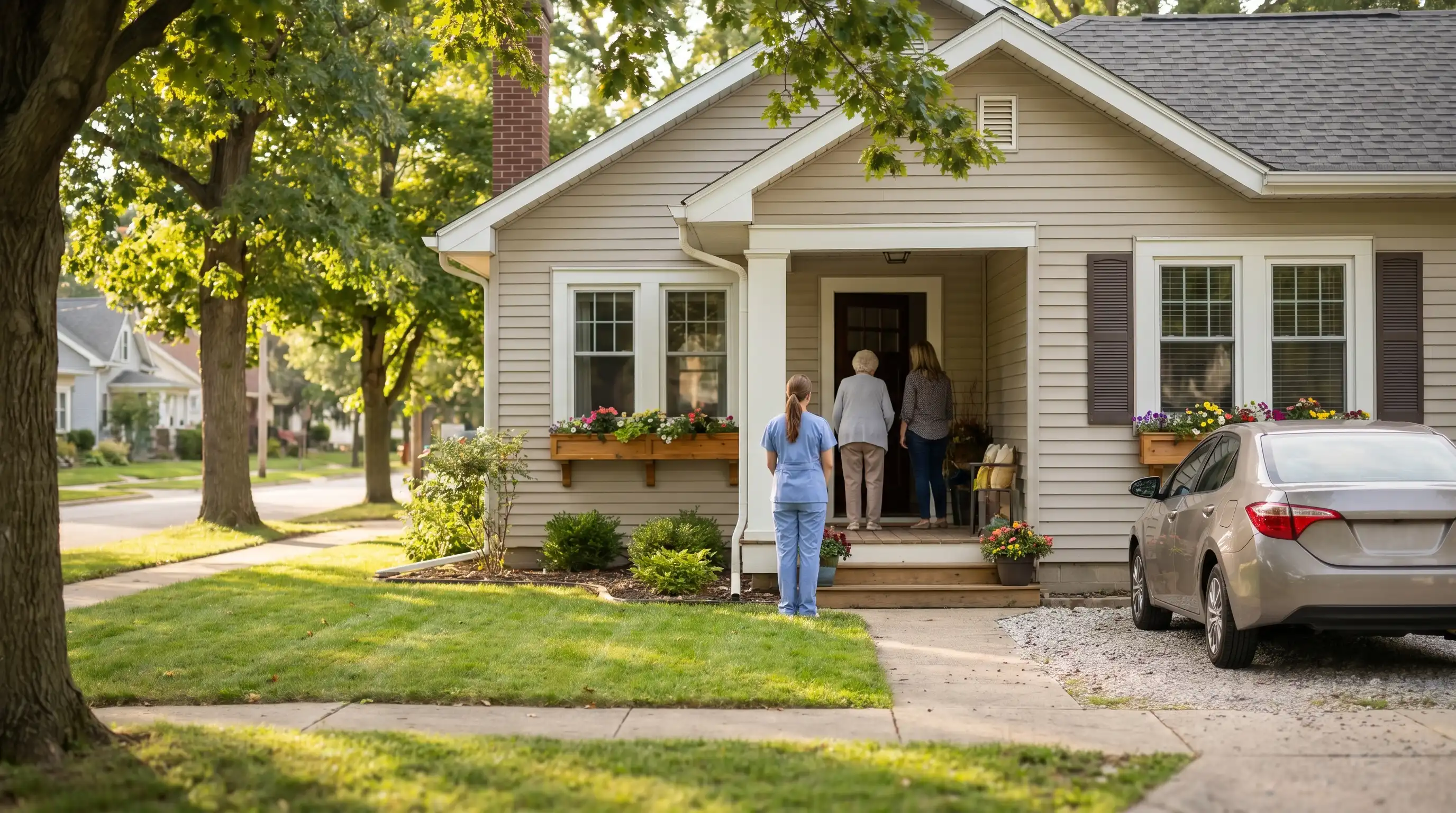 Home caregiver greeting elderly South Bend, IN resident and her adult daughter at the front door of a craftsman bungalow