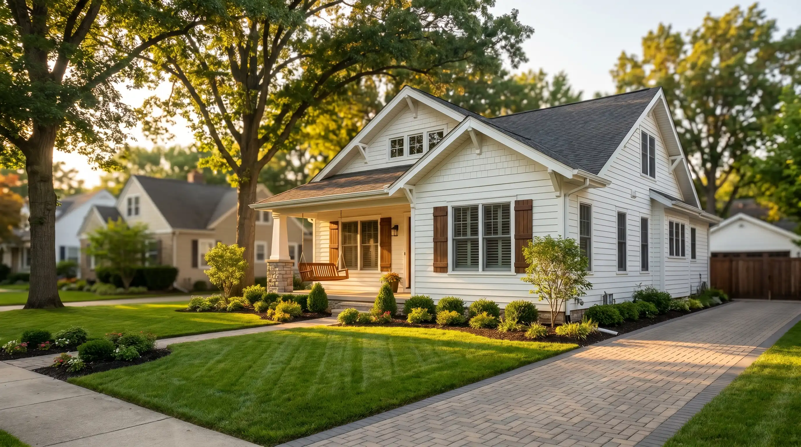 Real estate agent with a young couple in front of a craftsman home with a sold sign in South Bend, IN at golden hour