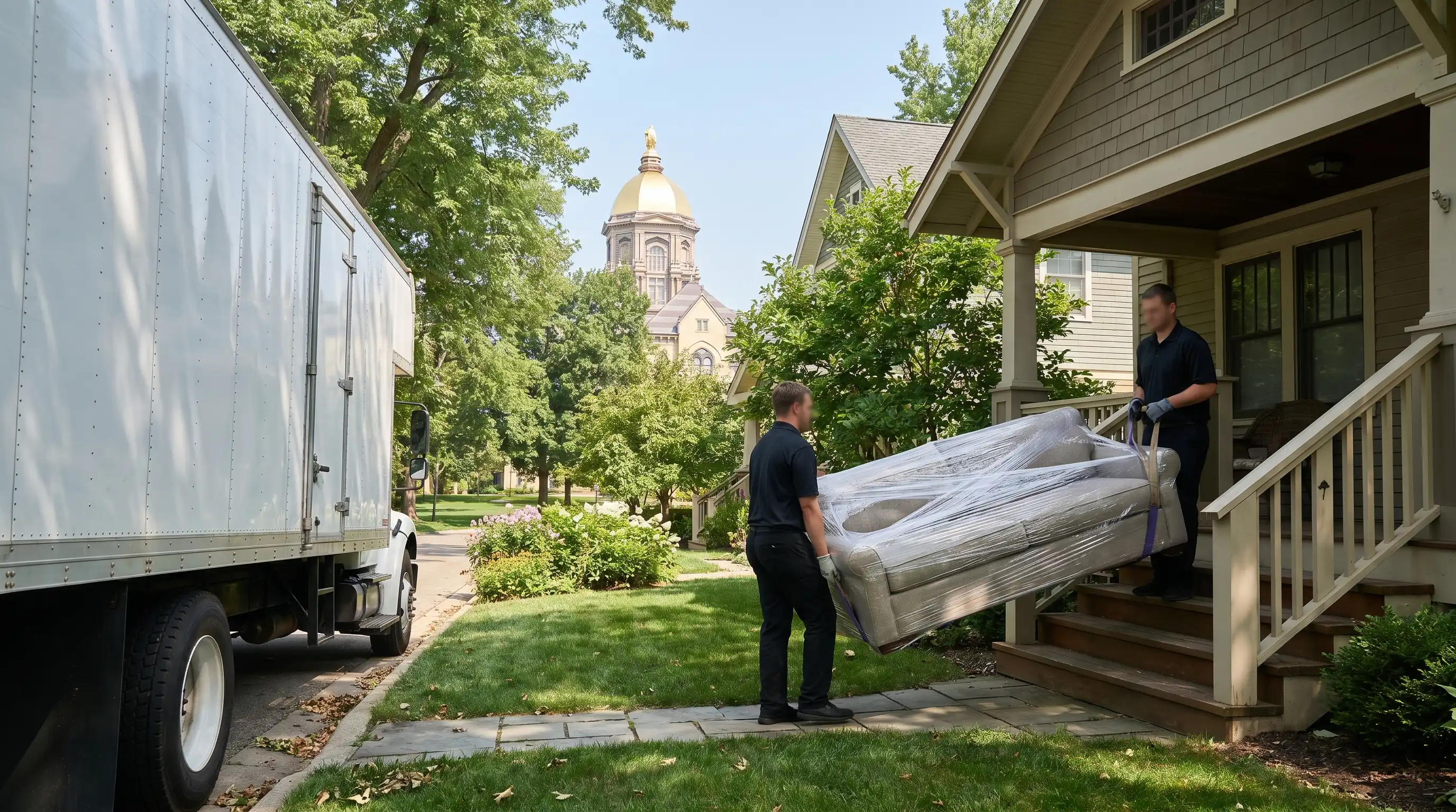 Professional movers loading a moving truck in front of a South Bend, IN craftsman home on a sunny summer day with Notre Dame's Golden Dome visible on the horizon
