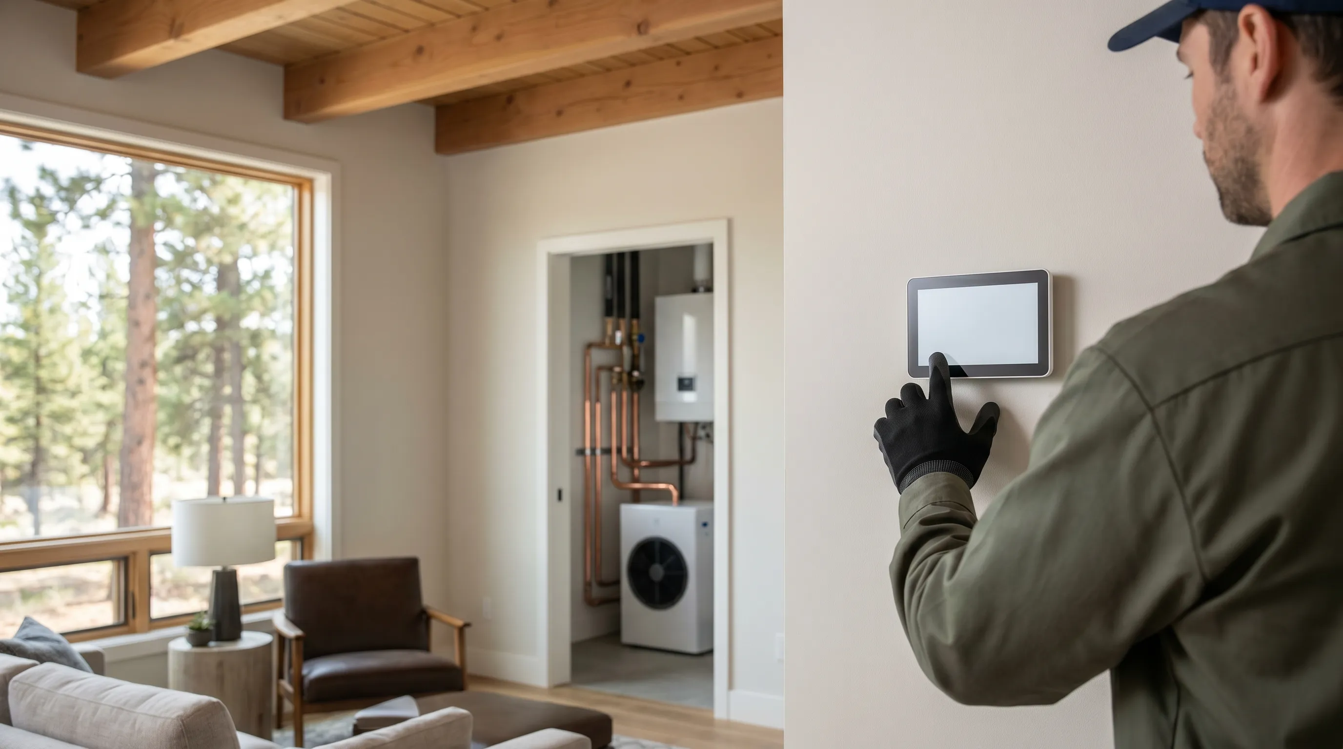 Professional HVAC technician installing a heat pump on a mountain-modern home in Bend, OR with snow-capped Cascades in the background