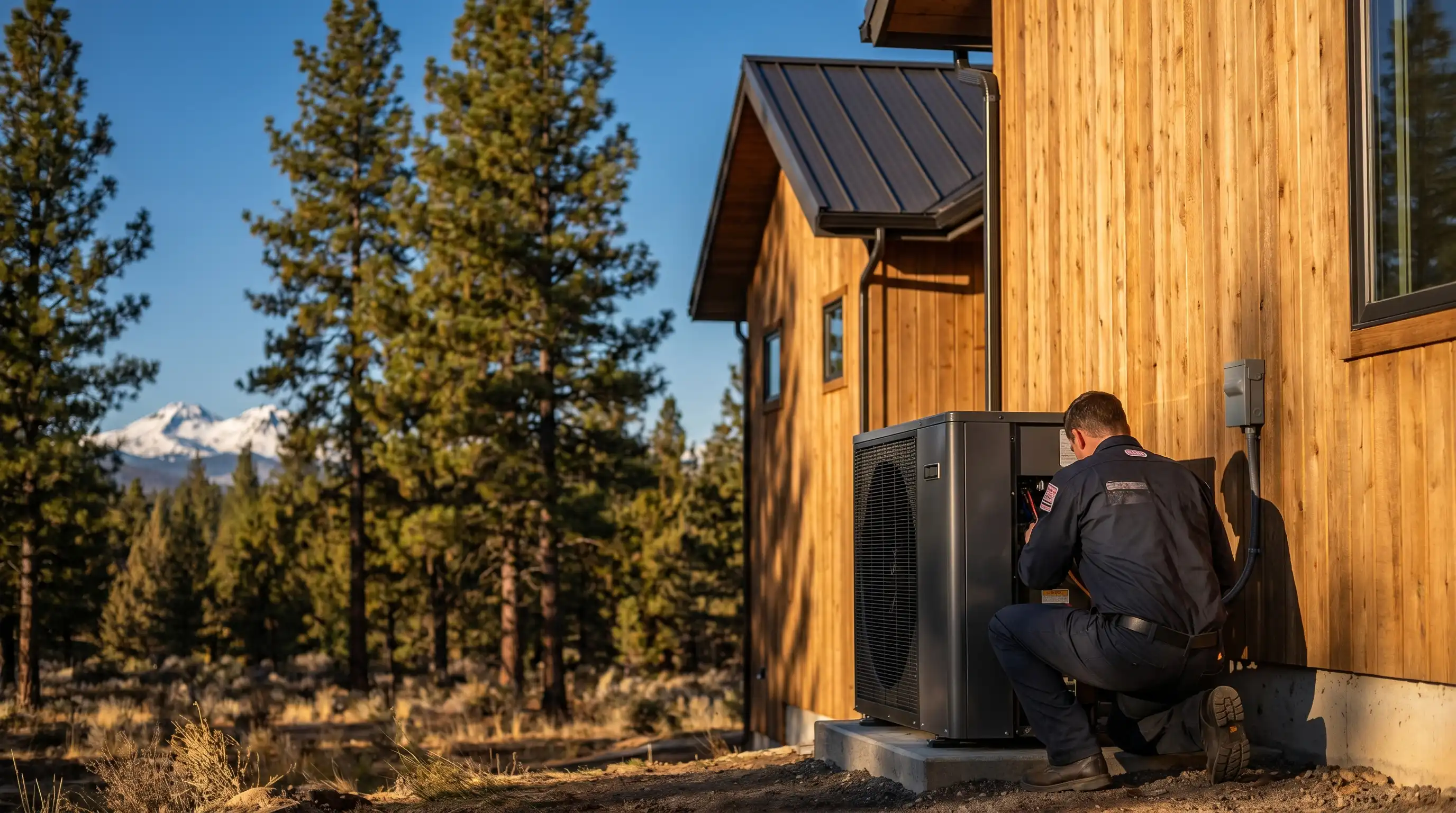 Professional HVAC technician installing a heat pump on a mountain-modern home in Bend, OR with snow-capped Cascades in the background