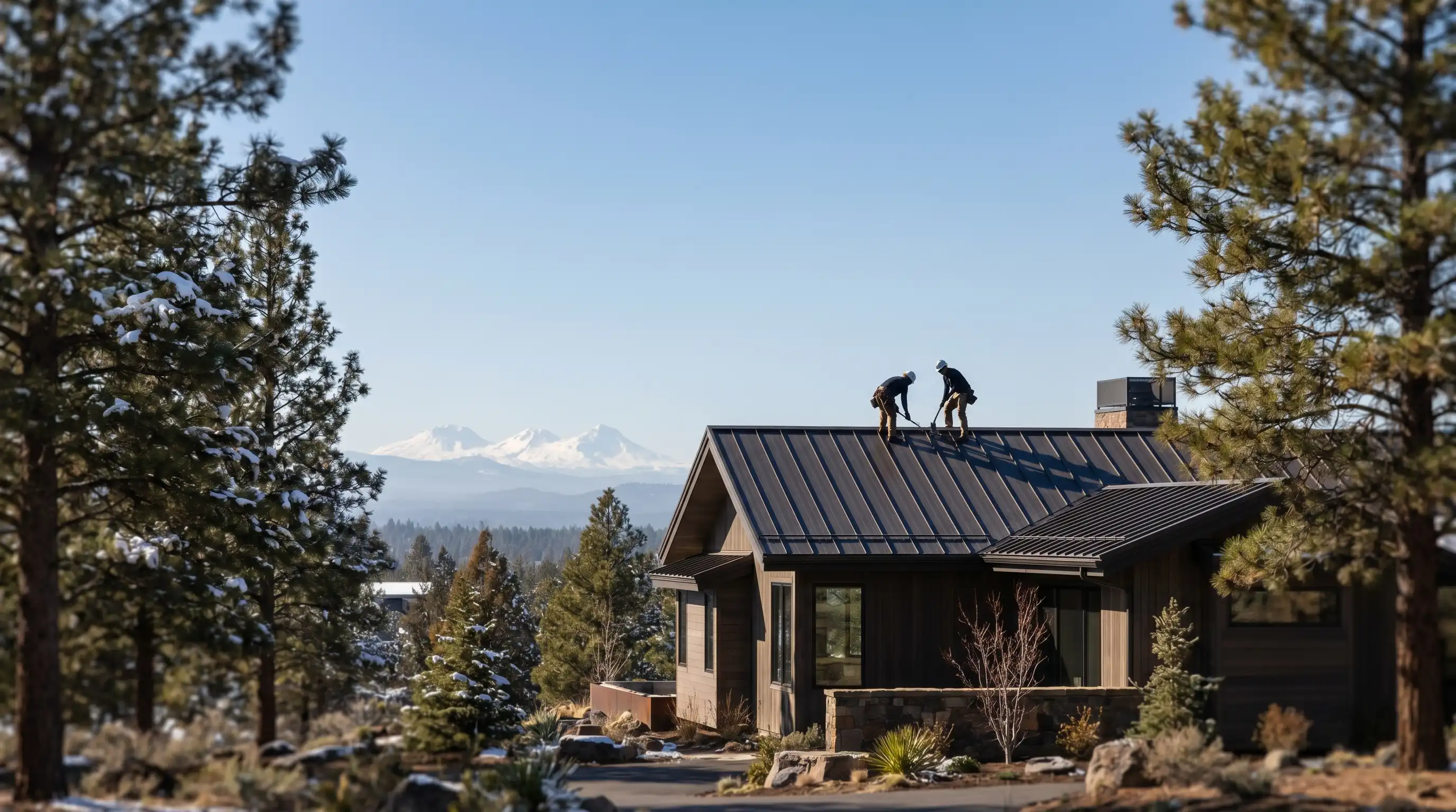 Roofing contractor in safety gear installing dark metal roofing panels on a mountain-modern Bend, OR home with snow-capped Cascades in the background