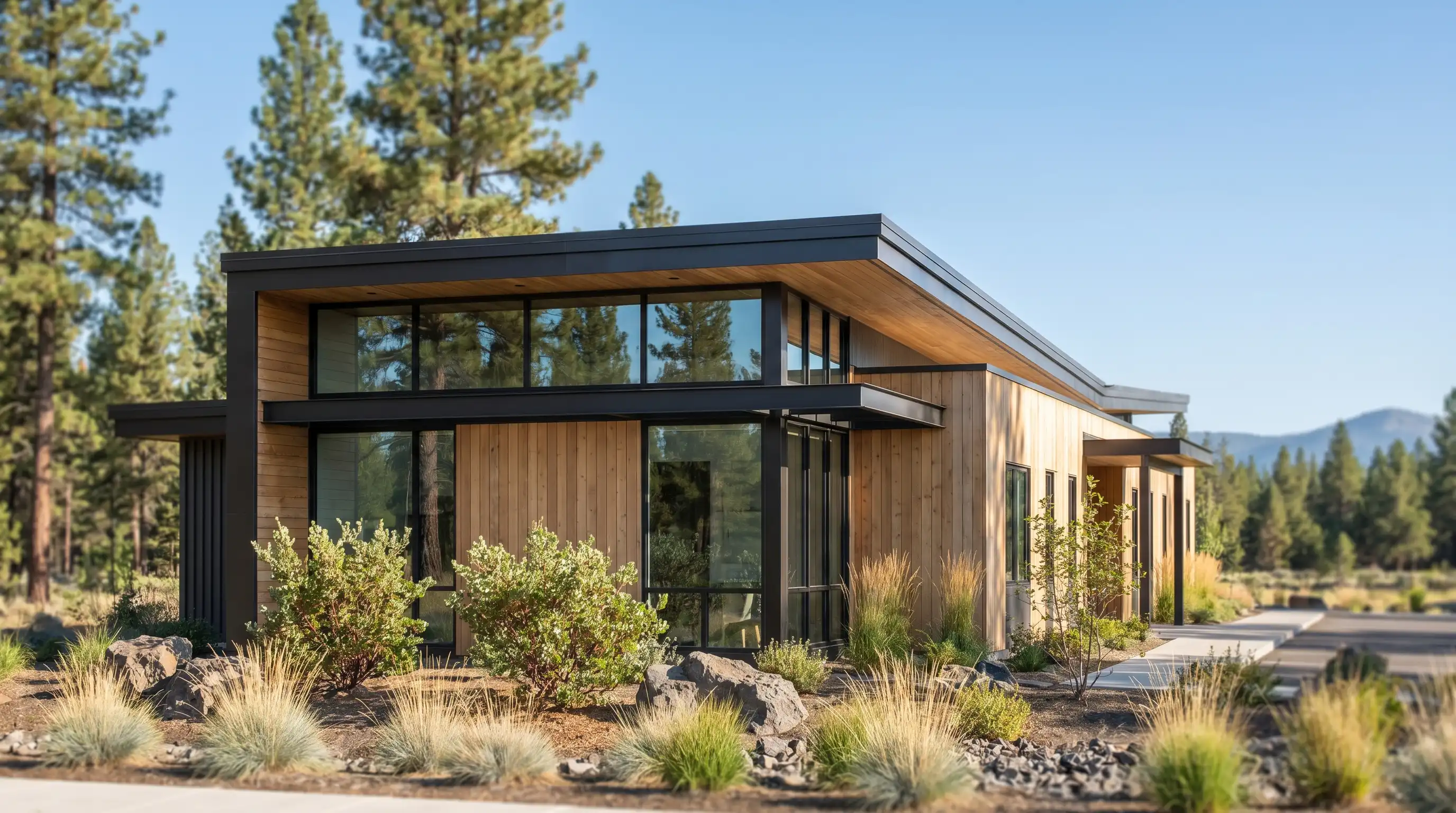 Dentist and hygienist treating a patient in a bright modern Bend, OR dental office with floor-to-ceiling windows overlooking pine-covered hills