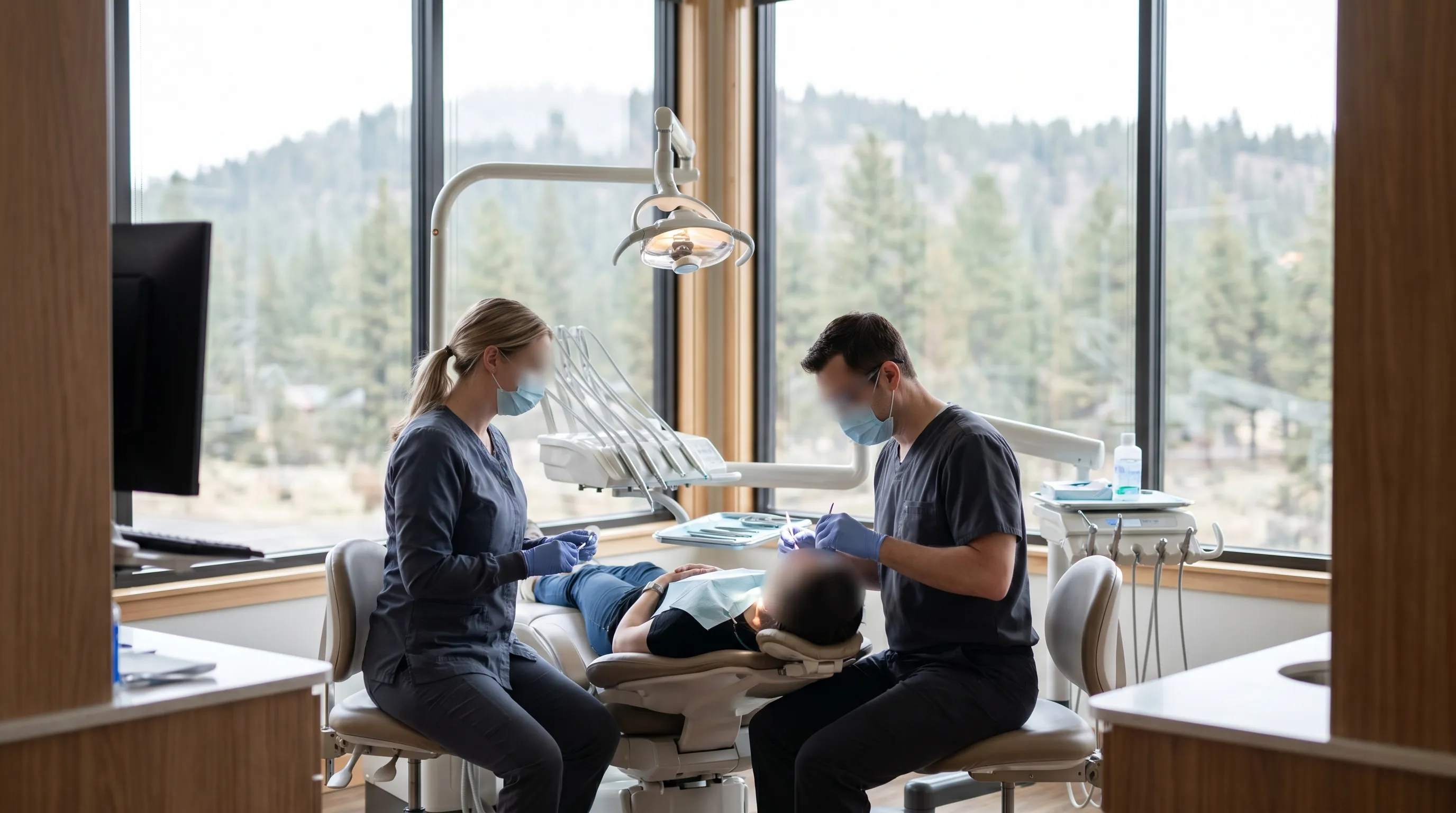 Dentist and hygienist treating a patient in a bright modern Bend, OR dental office with floor-to-ceiling windows overlooking pine-covered hills