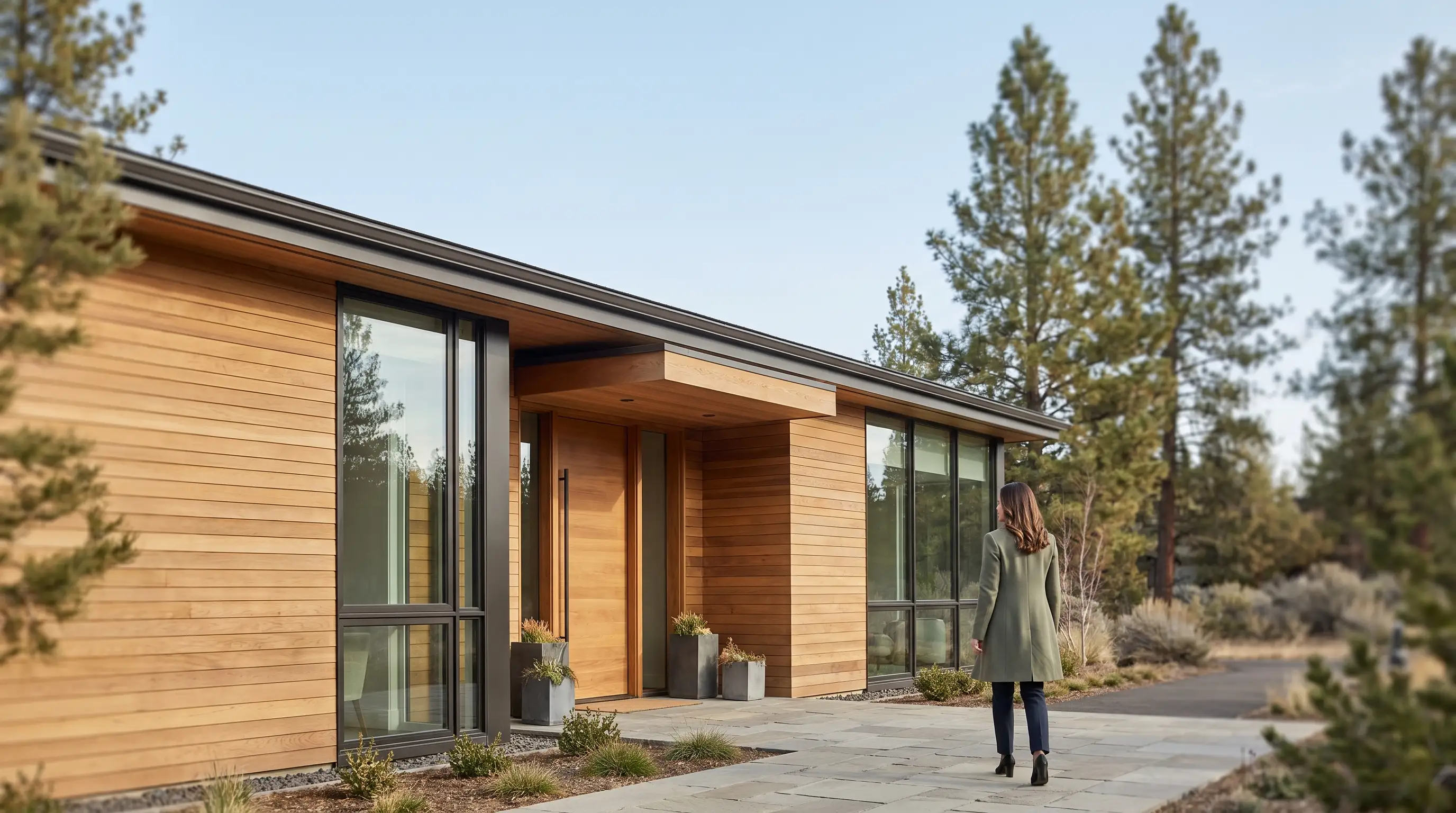 Modern medspa treatment room in Bend, OR with a client receiving injectable treatment from a medical aesthetician, large windows revealing ponderosa pines and clear high-desert sky
