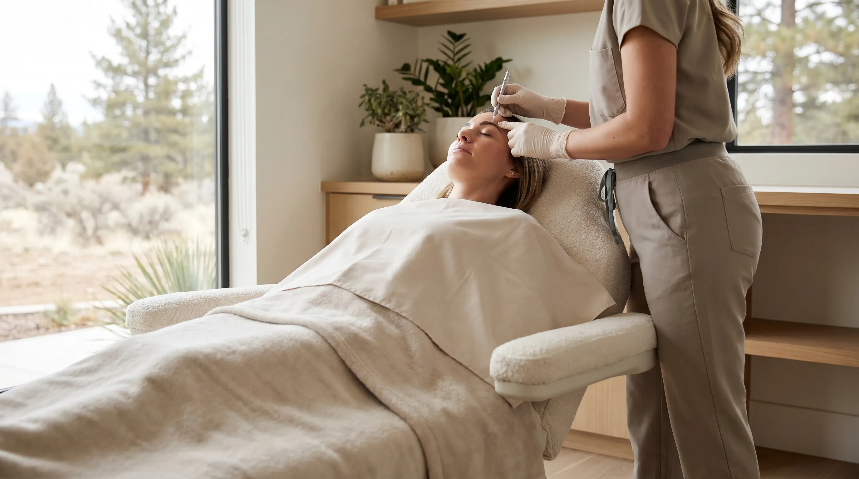 Modern medspa treatment room in Bend, OR with a client receiving injectable treatment from a medical aesthetician, large windows revealing ponderosa pines and clear high-desert sky