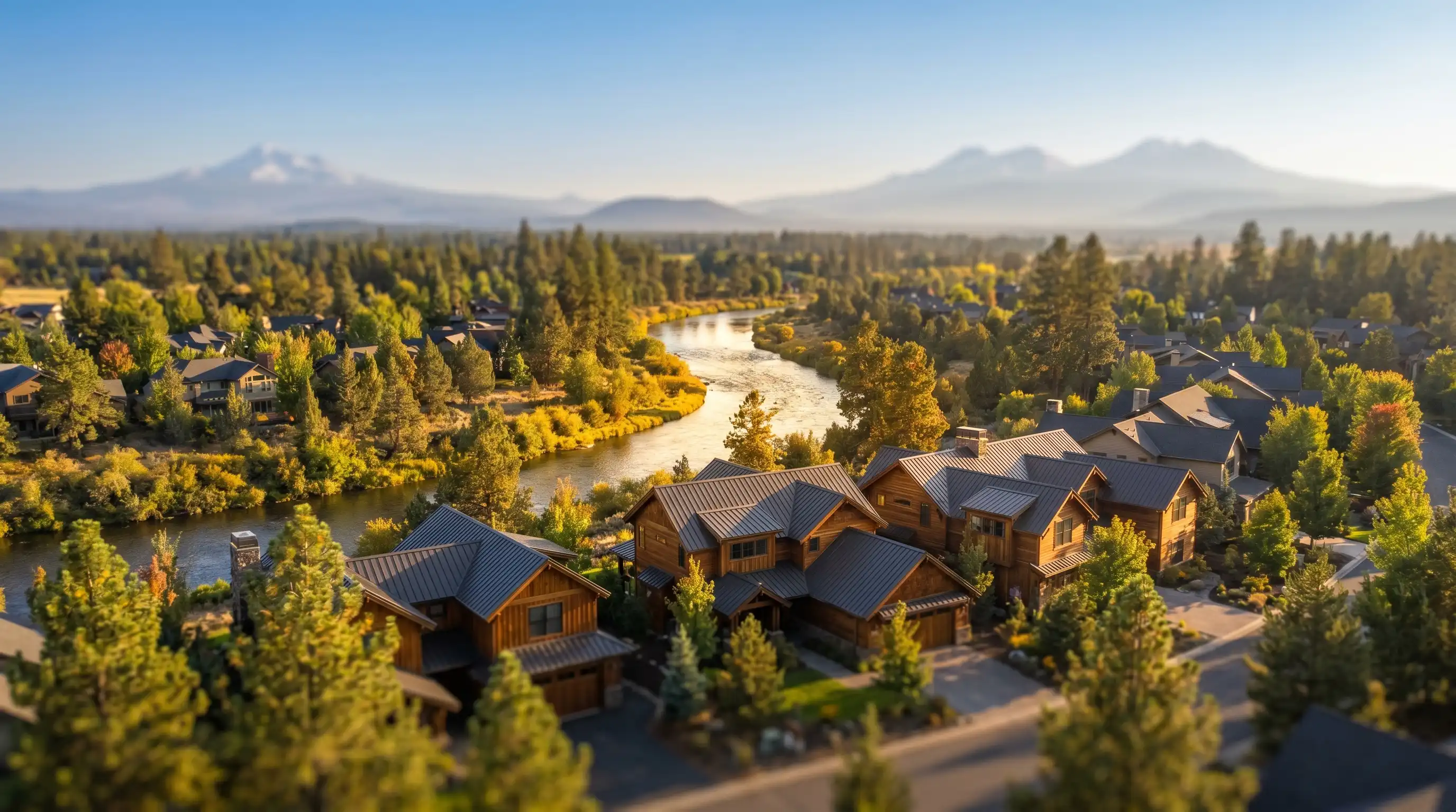 Real estate agent showing a couple a mountain-modern home in Bend, OR with ponderosa pines and snow-capped Cascade peaks visible in the background