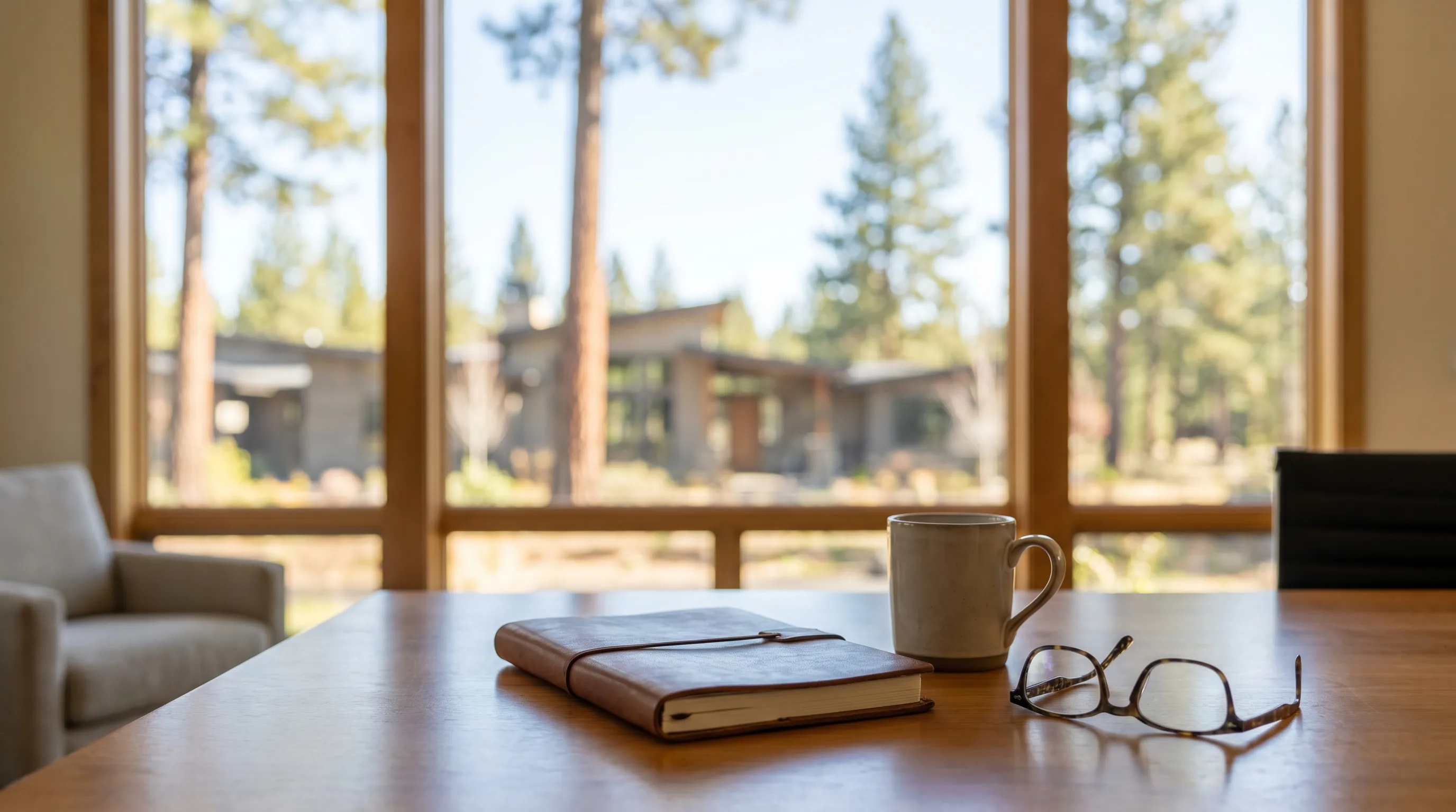 Real estate agent showing a couple a mountain-modern home in Bend, OR with ponderosa pines and snow-capped Cascade peaks visible in the background