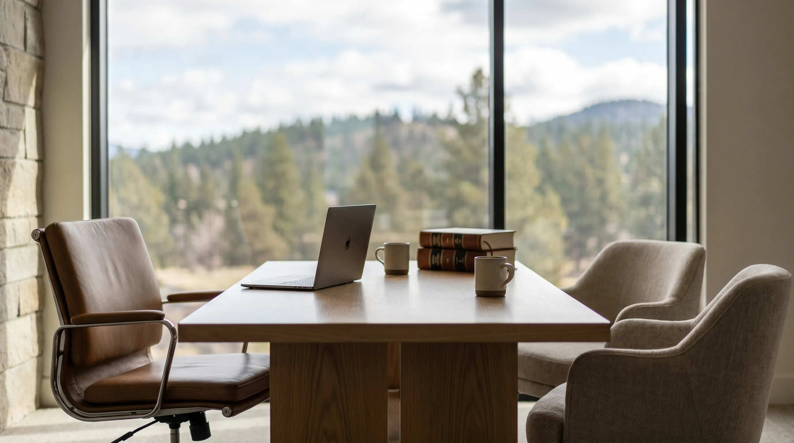 Attorney consulting with a client in a professional Bend, OR law office with floor-to-ceiling windows overlooking ponderosa pine-covered hills and a clear Central Oregon sky