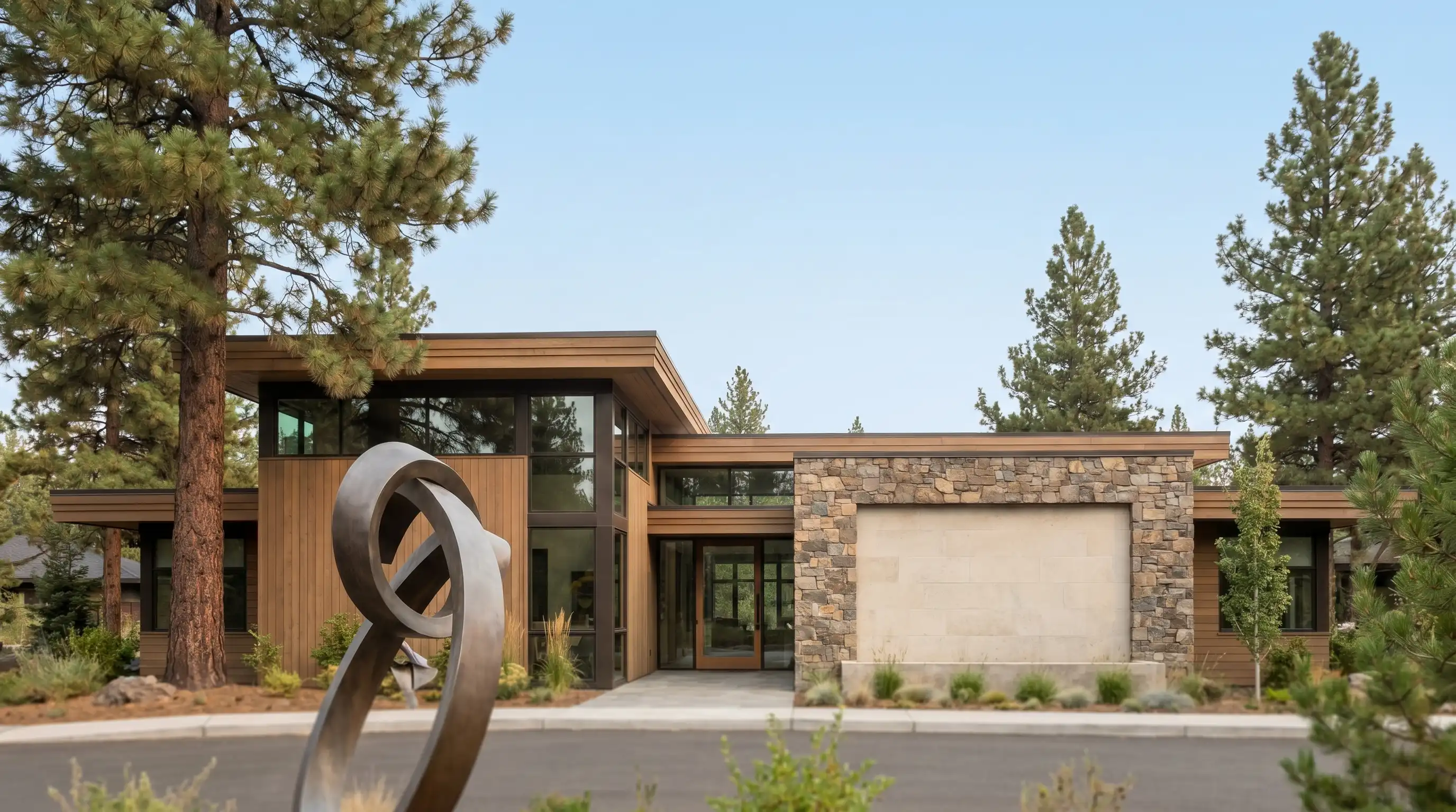 Attorney consulting with a client in a professional Bend, OR law office with floor-to-ceiling windows overlooking ponderosa pine-covered hills and a clear Central Oregon sky