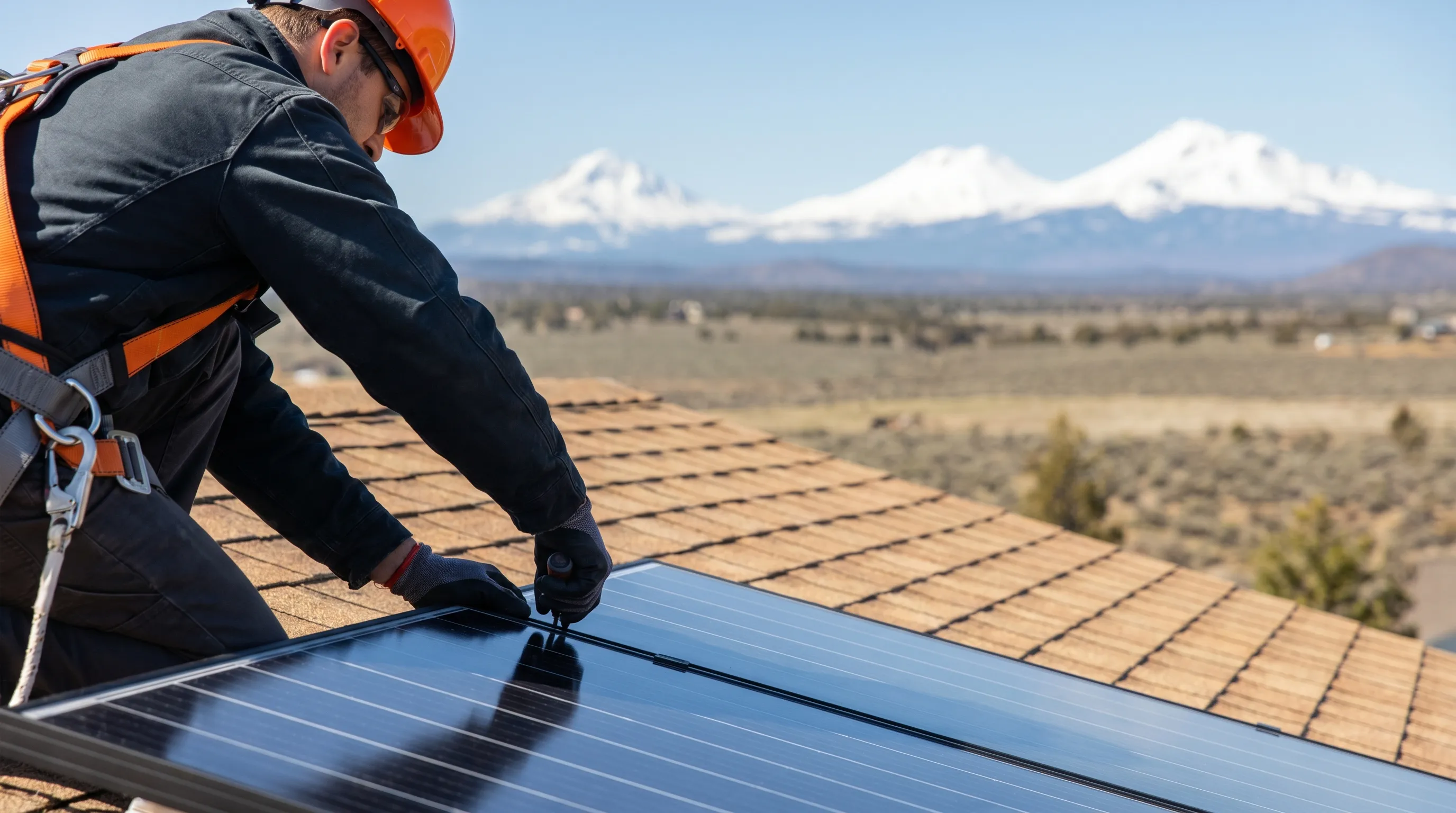 Solar technician installing rooftop panels on a Bend, OR home with the snow-capped Three Sisters volcanoes visible in the background under a clear high-desert sky