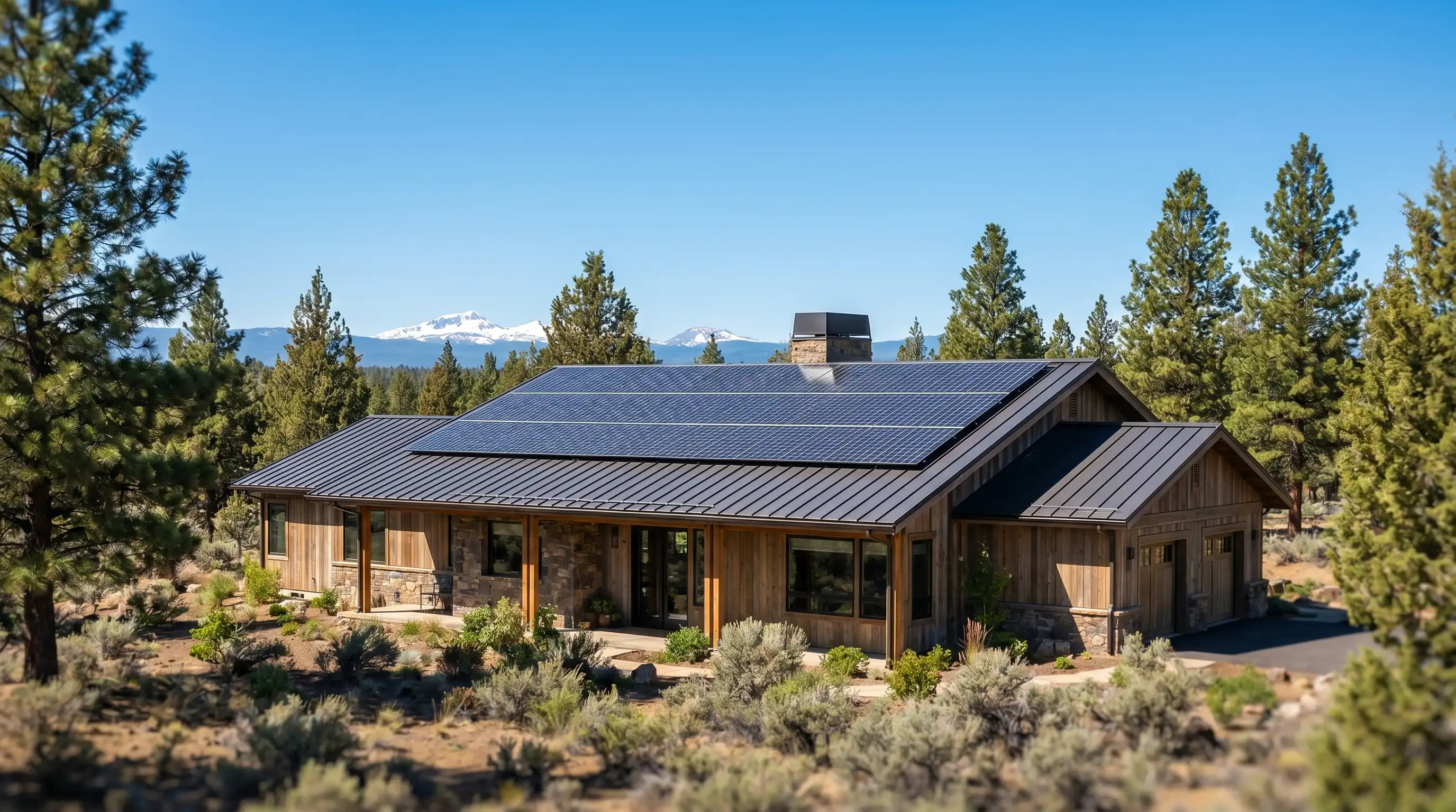 Solar technician installing rooftop panels on a Bend, OR home with the snow-capped Three Sisters volcanoes visible in the background under a clear high-desert sky