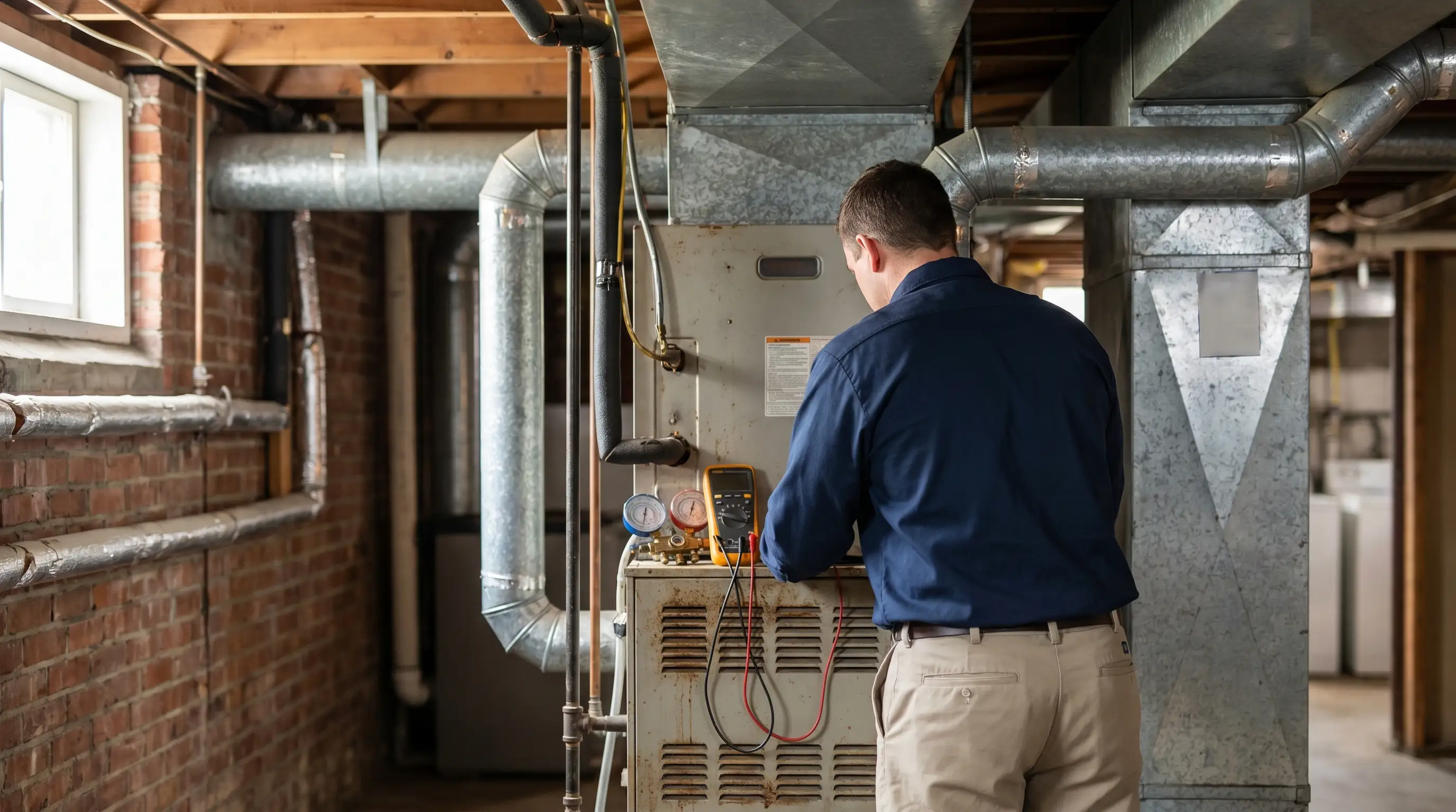 Professional HVAC technician servicing a residential air conditioning unit in Davenport, IA