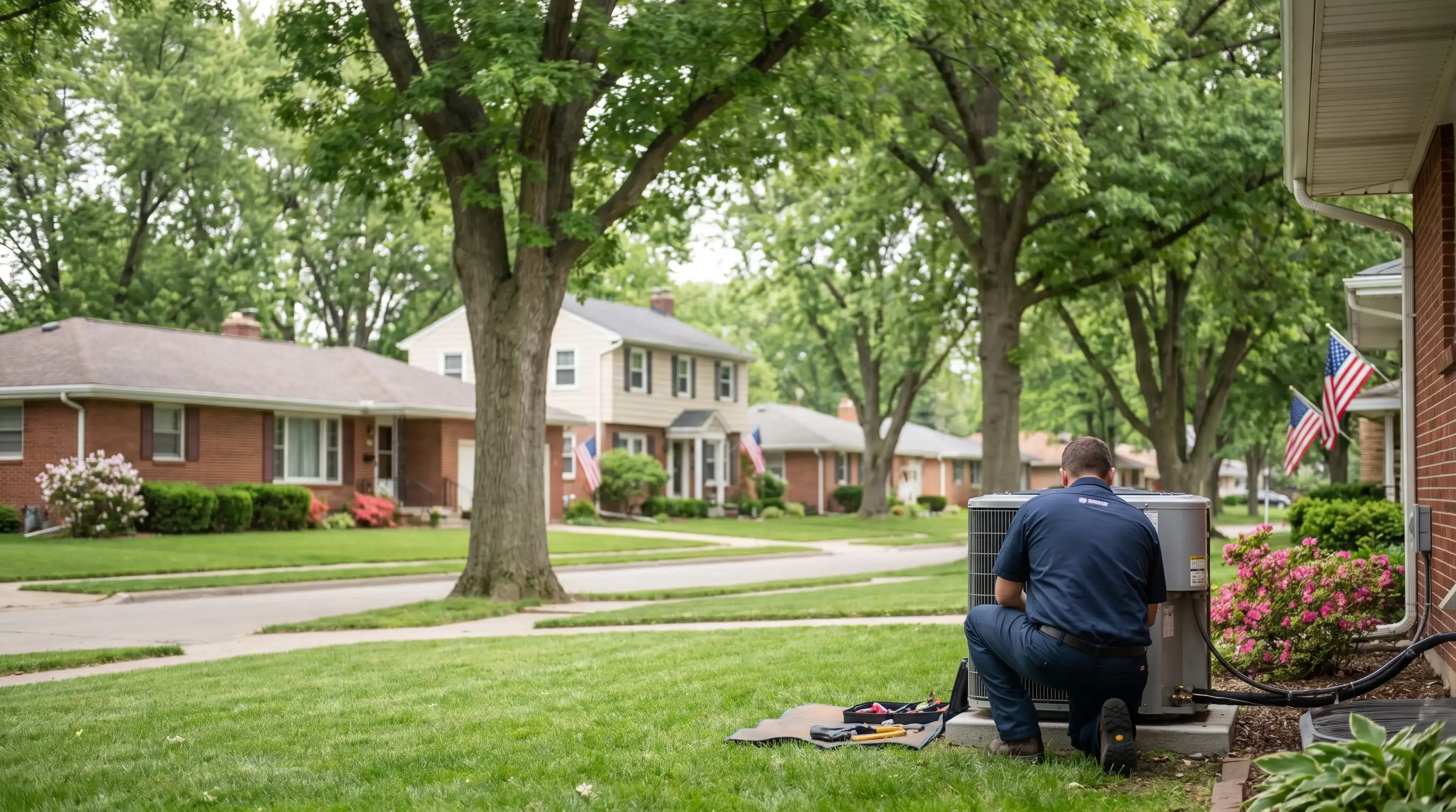 Professional HVAC technician servicing a residential air conditioning unit in Davenport, IA
