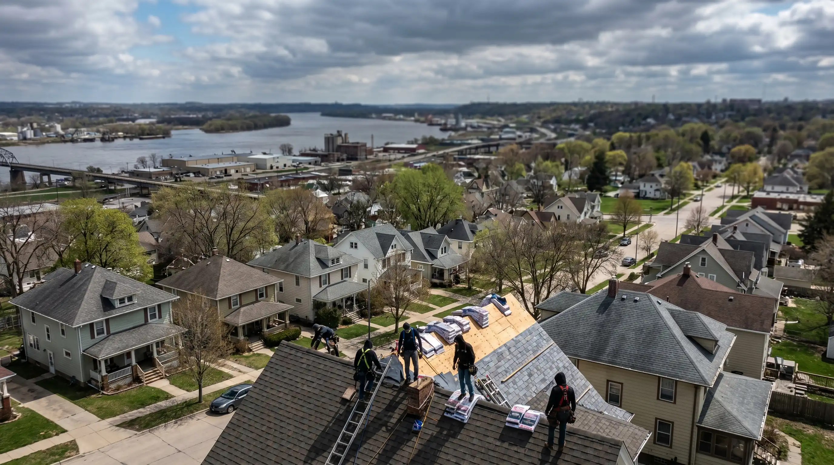 Professional roofing crew installing new shingles on a residential home in Davenport, IA