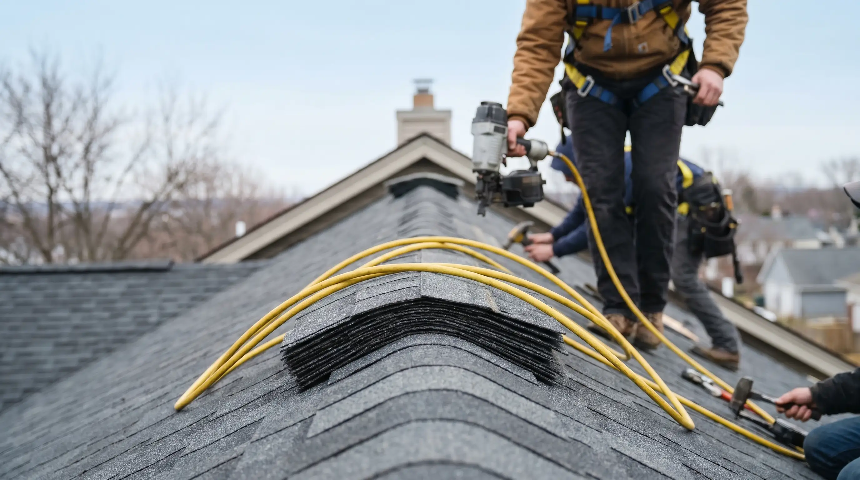 Professional roofing crew installing new shingles on a residential home in Davenport, IA