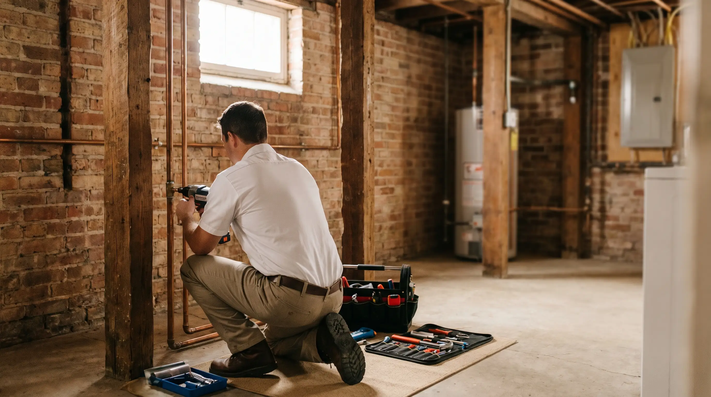 Licensed plumber repairing pipes in the basement of an older residential home in Davenport, IA