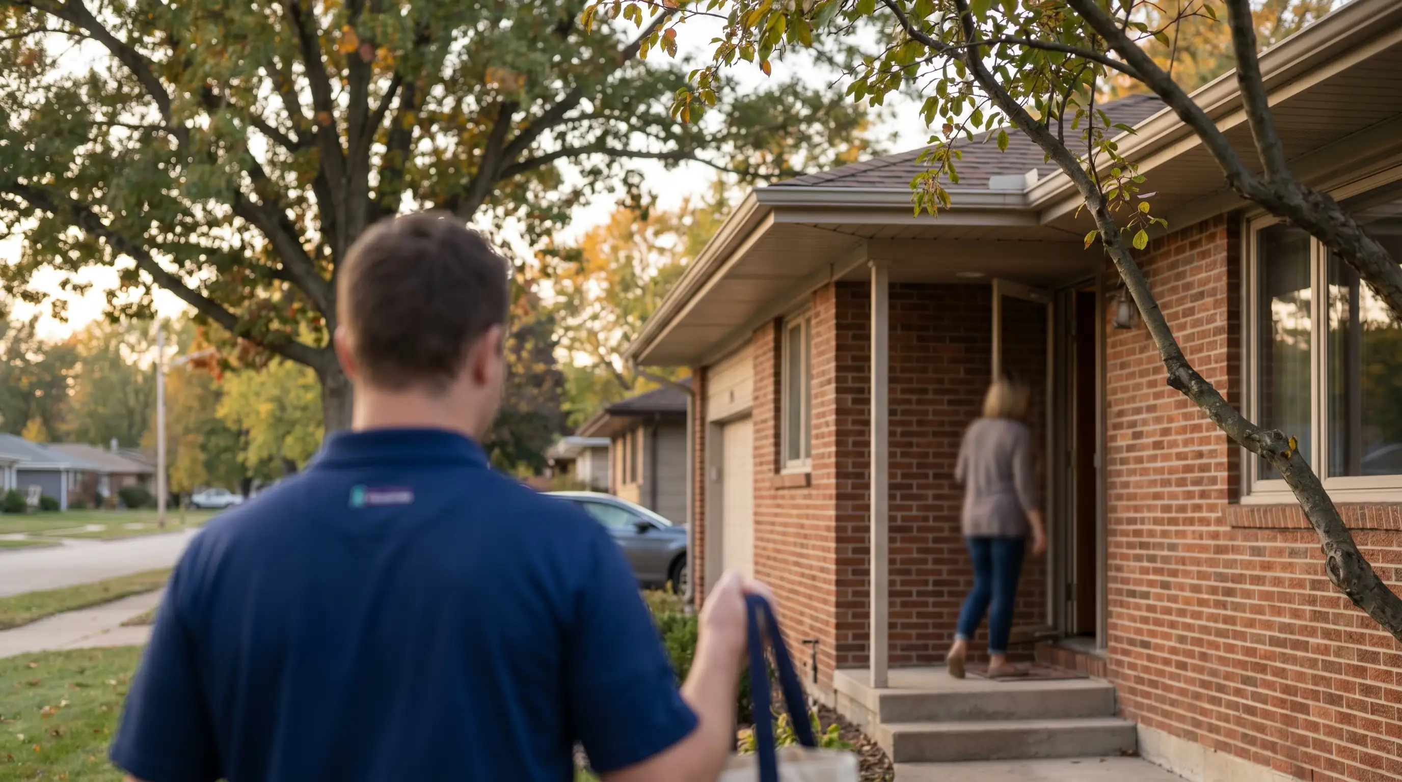 Professional in-home caregiver assisting an elderly resident in a modest residential home in Davenport, IA