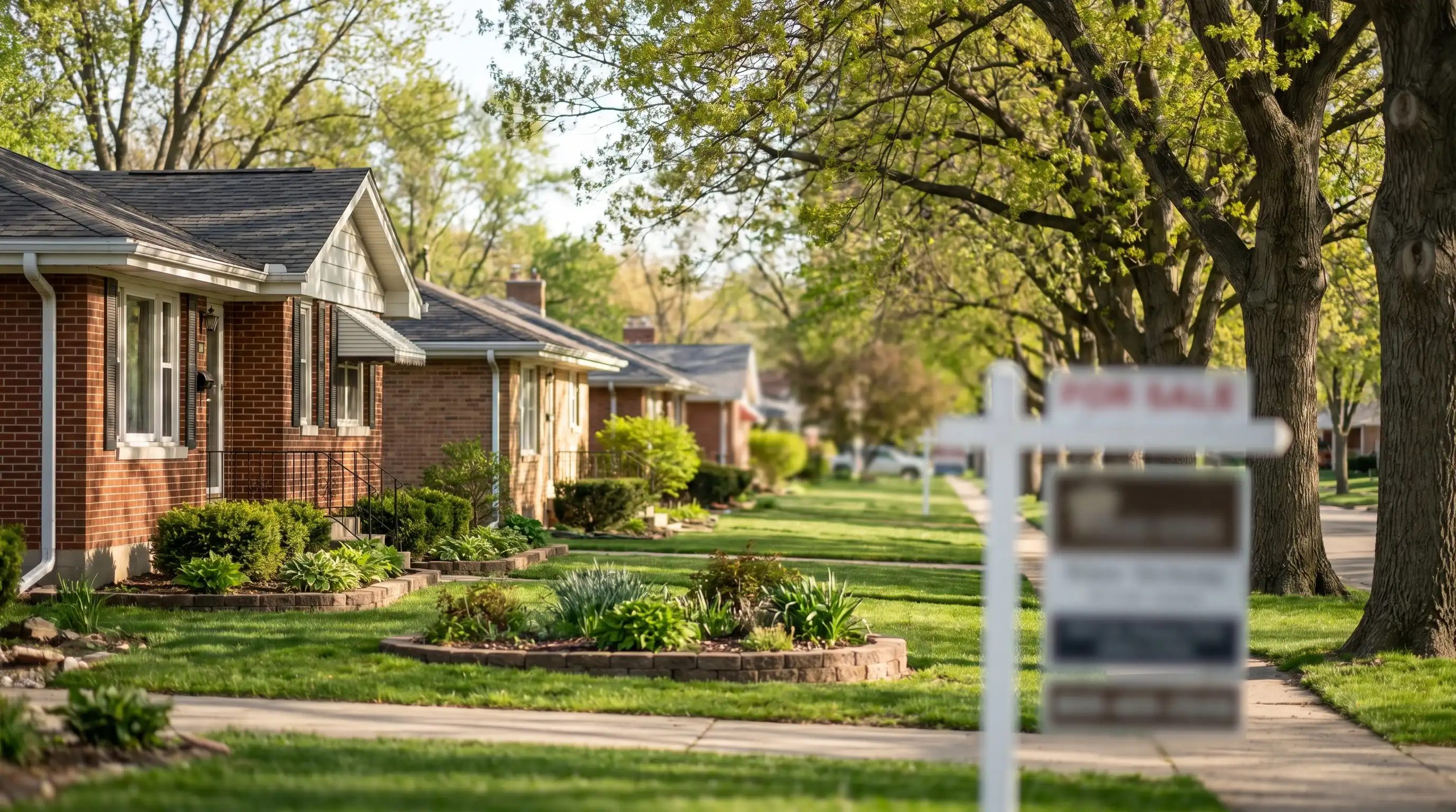 Real estate agent showing a young couple a mid-century residential home on a tree-lined street in Davenport, IA