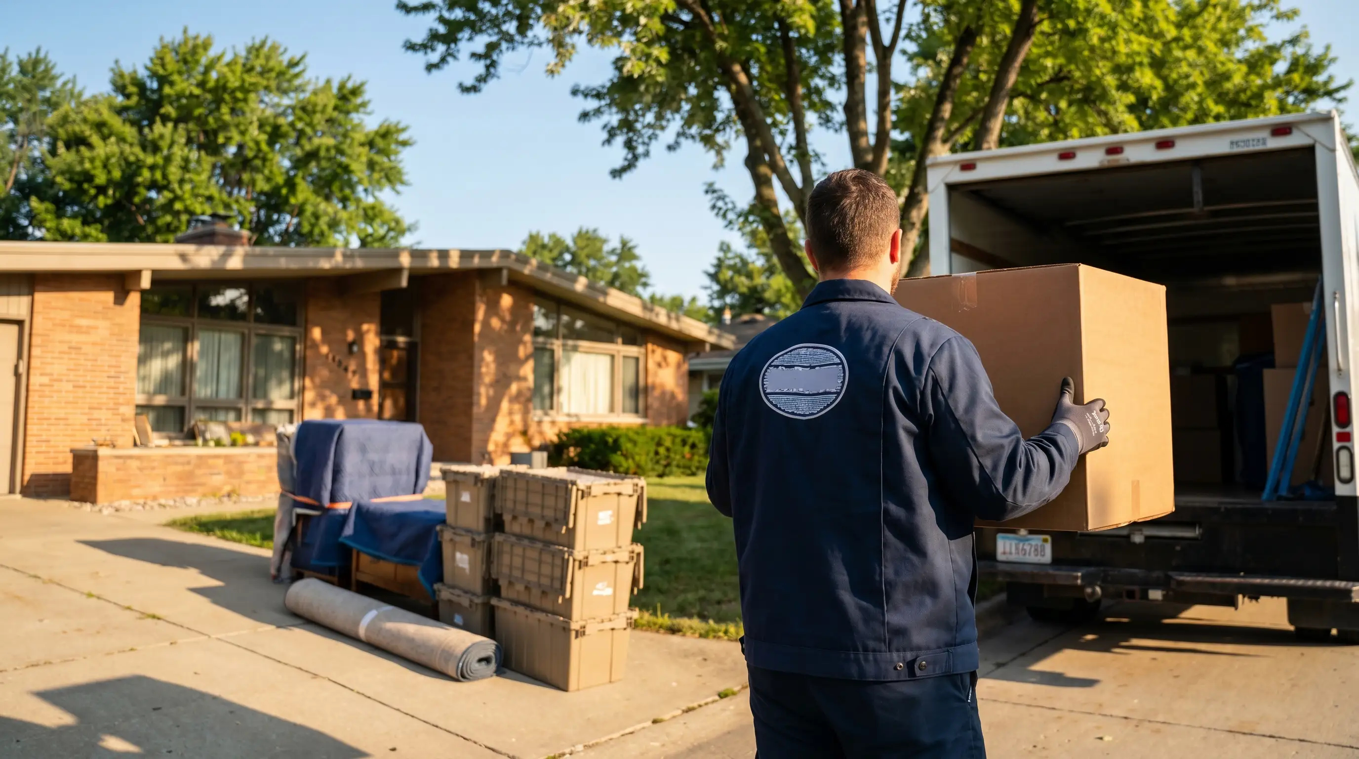 Professional moving crew loading a box truck on a residential street in Davenport, IA